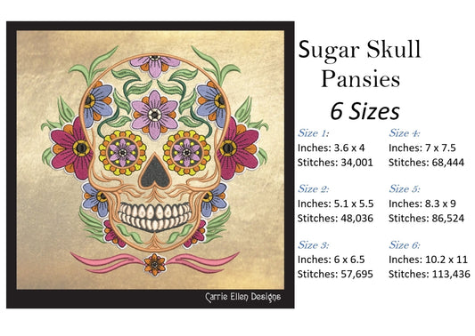 Sugar Skull with Pansies Machine Embroidery Design – Day of the Dead Pattern – 6 Sizes (1573)