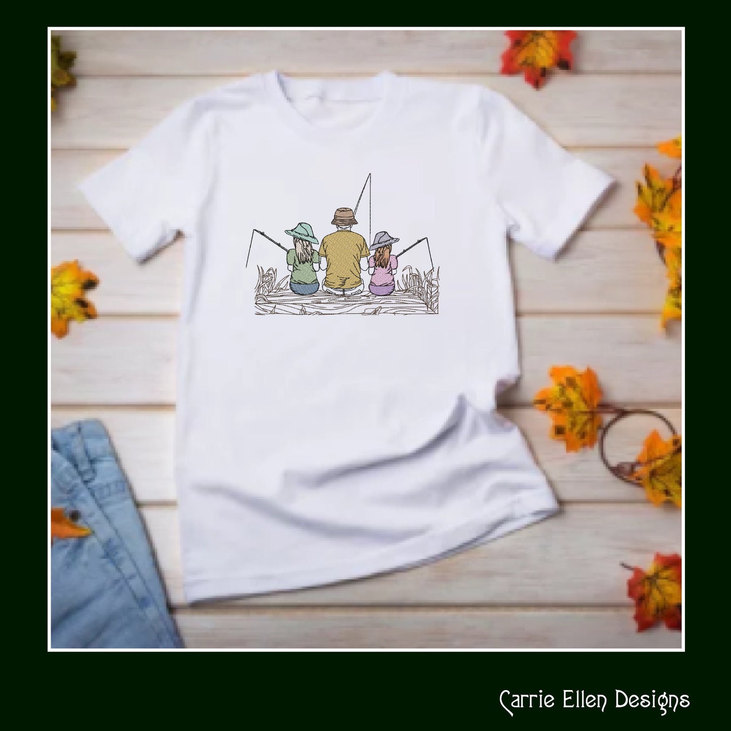 Father and Daughters Fishing Machine Embroidery Sketch Design, Father’s Day Line Art Design, Dad and Girls Fishing on a Dock Sketch Embroidery, 8 Sizes (1182)