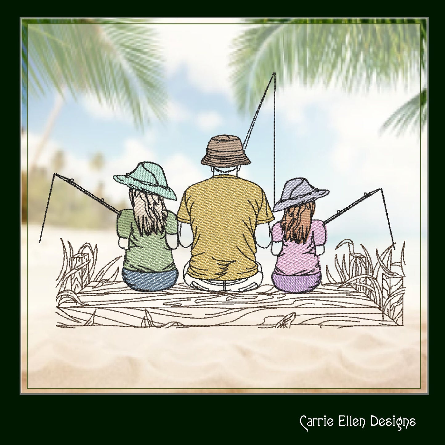 Father and Daughters Fishing Machine Embroidery Sketch Design, Father’s Day Line Art Design, Dad and Girls Fishing on a Dock Sketch Embroidery, 8 Sizes (1182)