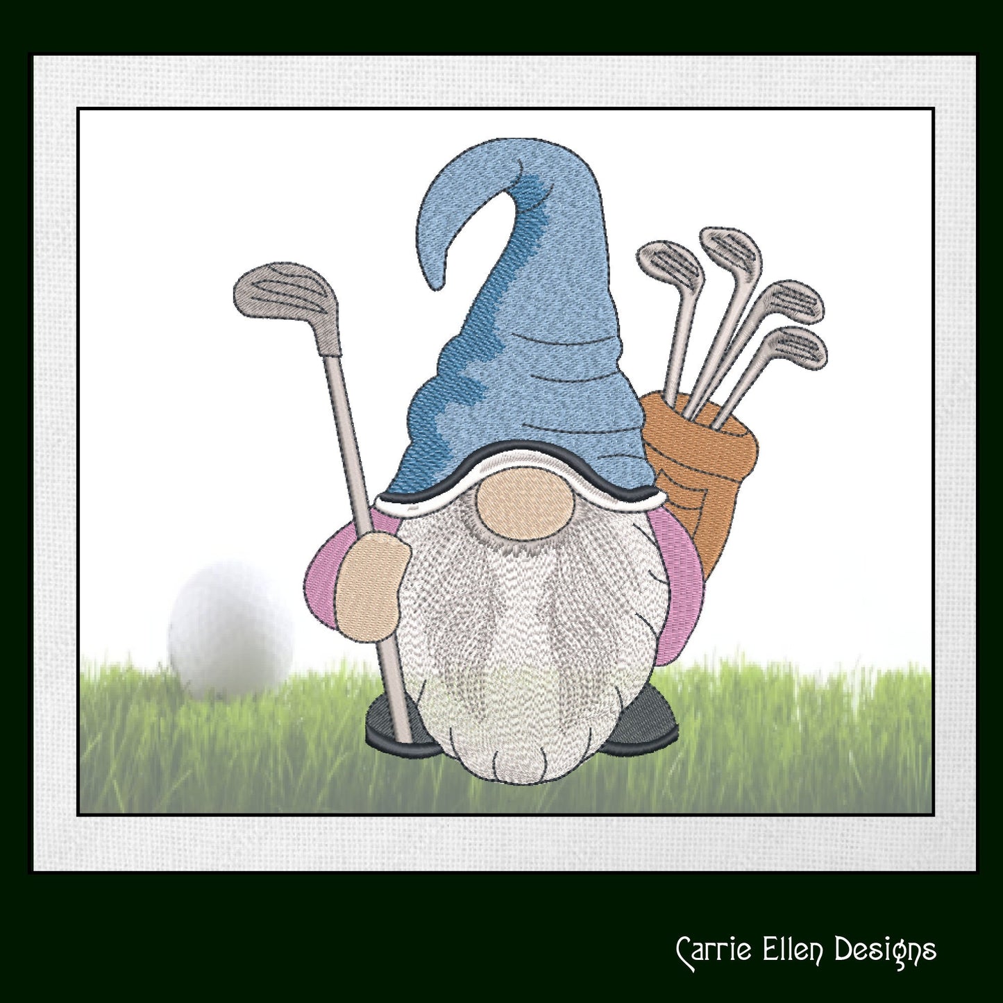 Golfer Gnome Machine Embroidery Design | Fun Golf Design | Gnome with Golf Clubs and Golf Bag | 6 Sizes (1702)