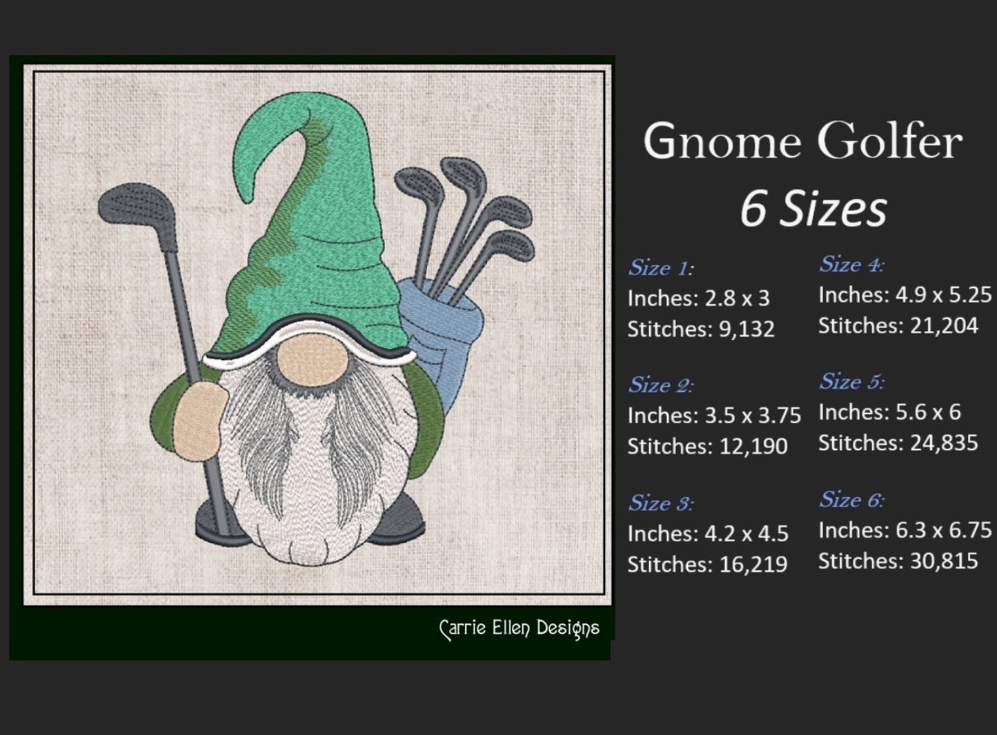 Golfer Gnome Machine Embroidery Design | Fun Golf Design | Gnome with Golf Clubs and Golf Bag | 6 Sizes (1702)
