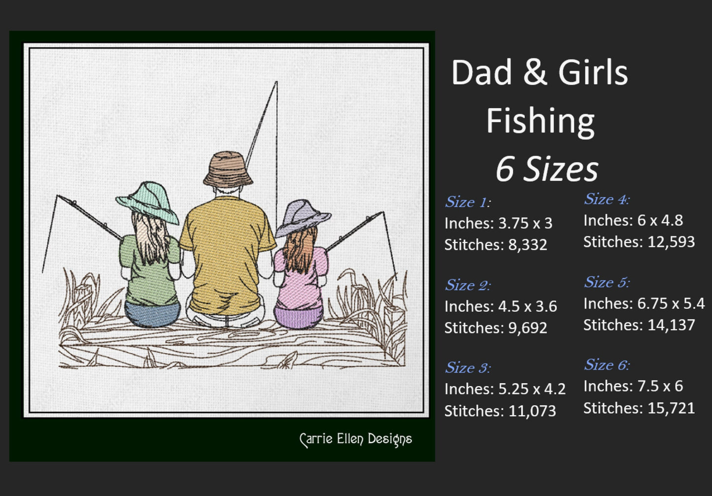 Father and Daughters Fishing Machine Embroidery Sketch Design, Father’s Day Line Art Design, Dad and Girls Fishing on a Dock Sketch Embroidery, 8 Sizes (1182)