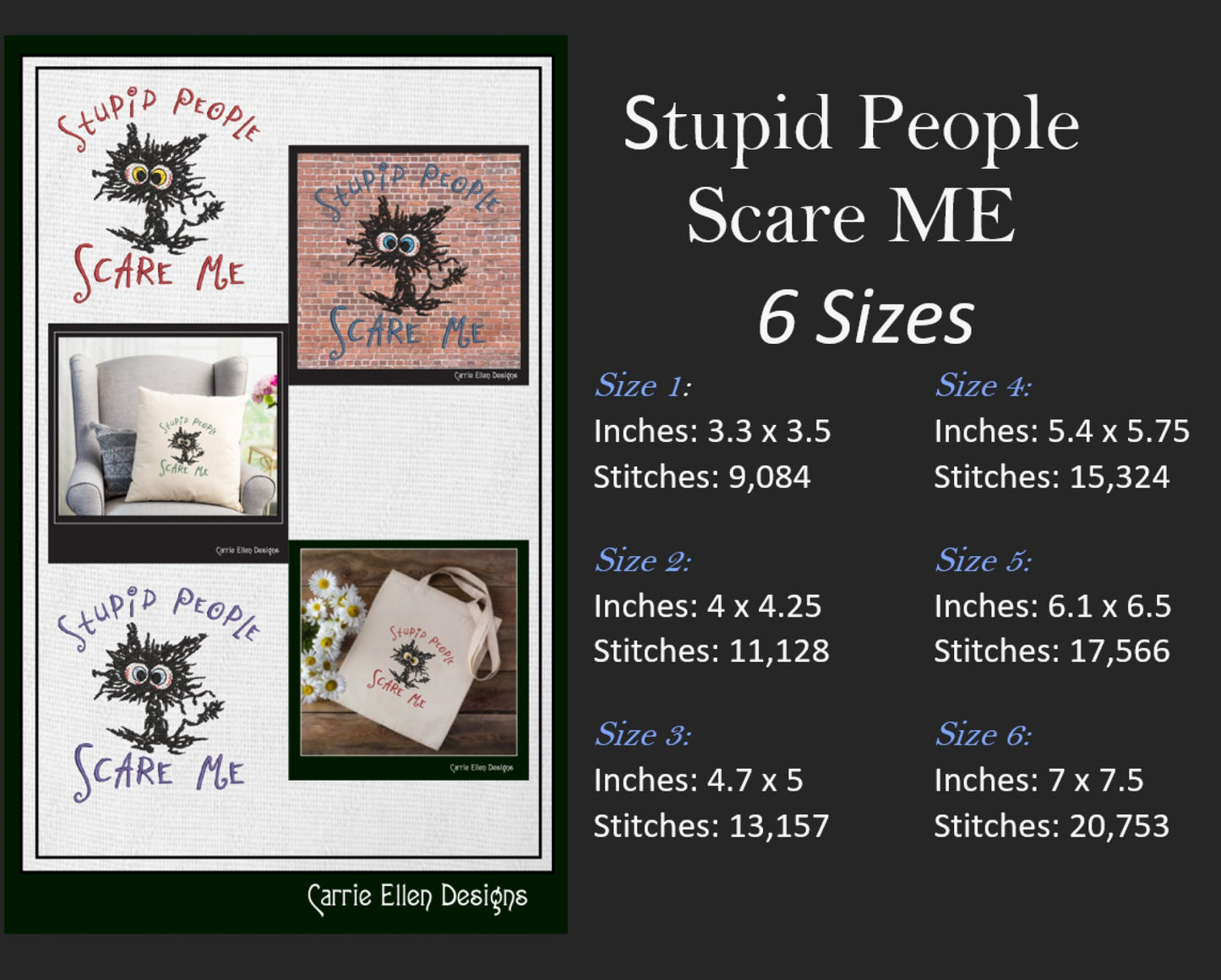 Stupid People Scare Me Cat Machine Embroidery Design | Sarcastic Black Cat Saying | Funny Neurotic Cat Quote | 6 Sizes (1801)