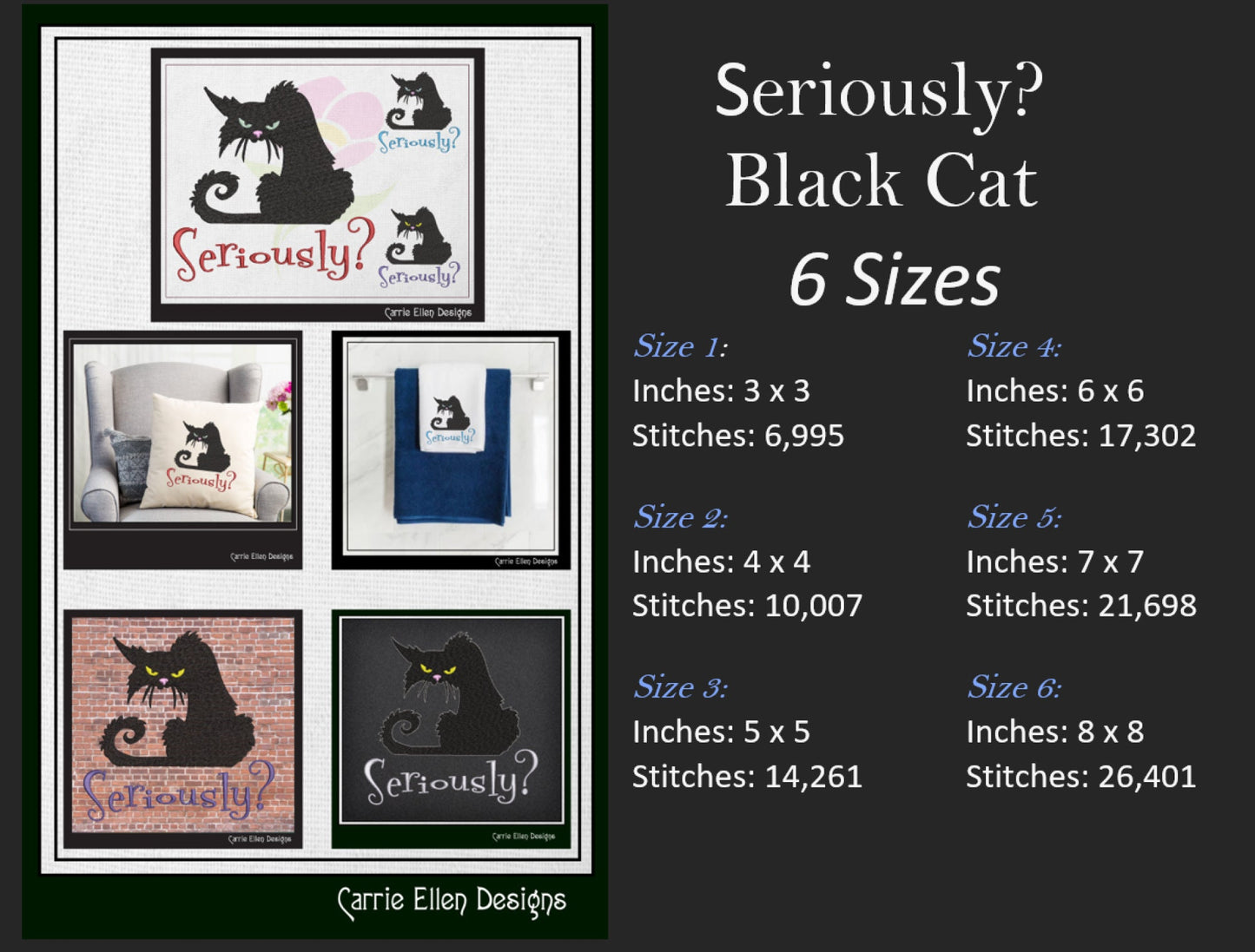 Seriously? Cat Machine Embroidery Design | Sarcastic Black Cat with Attitude | Funny Embroidered Saying for Pet Lovers | 6 Sizes (1802)