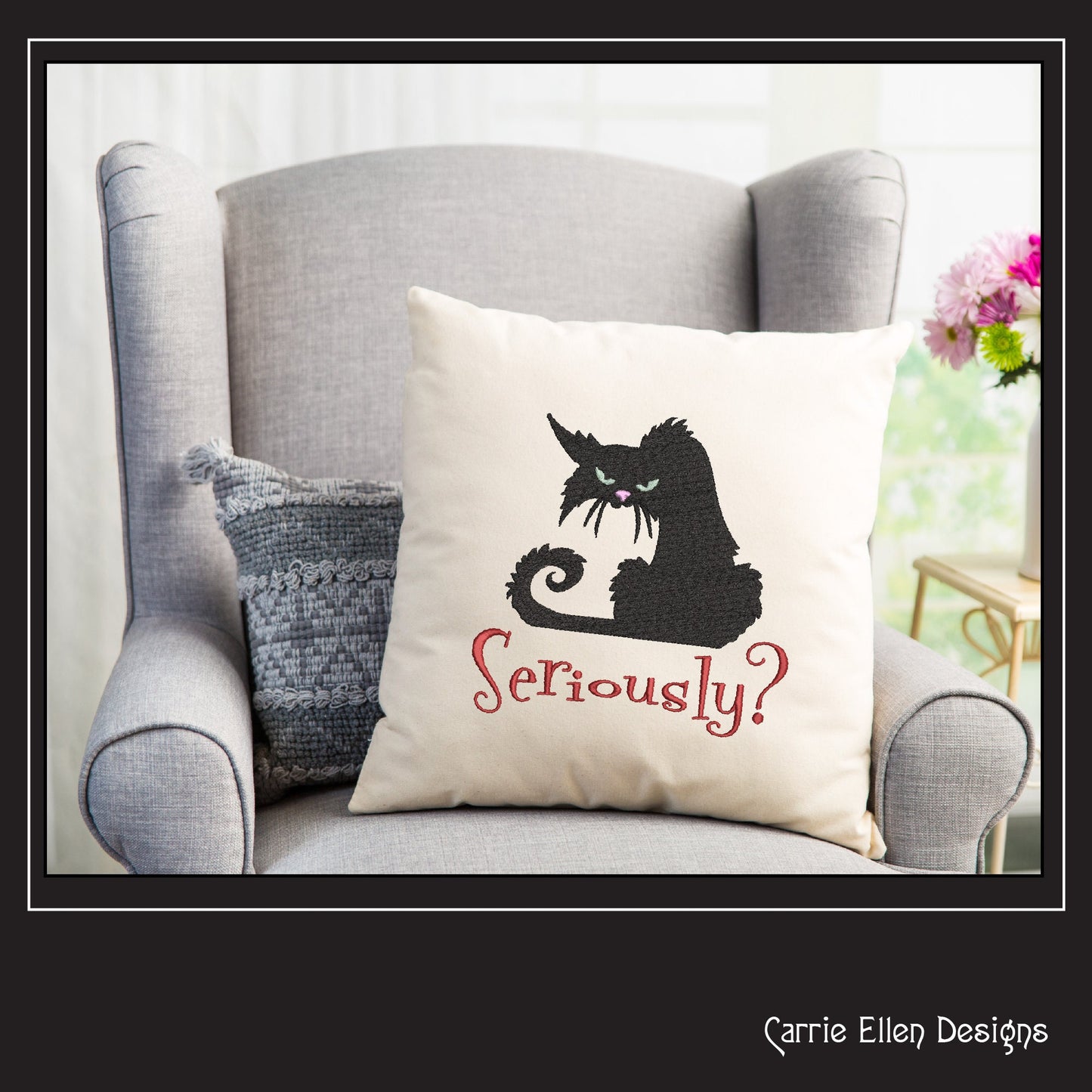 Seriously? Cat Machine Embroidery Design | Sarcastic Black Cat with Attitude | Funny Embroidered Saying for Pet Lovers | 6 Sizes (1802)