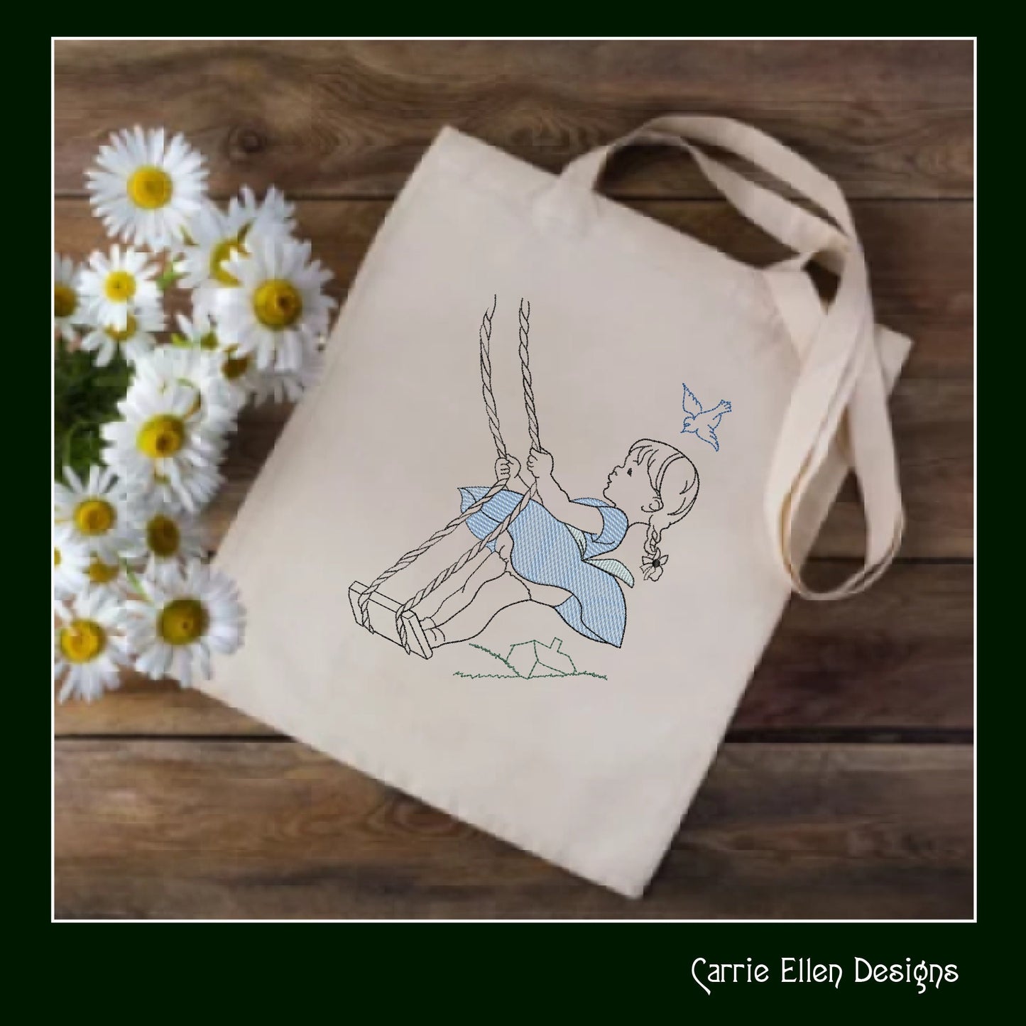 Vintage Girl on Swing Machine Embroidery Design | Artistic Line Art Embroidery | Nostalgic Childhood Pattern | 6 Sizes (1835)