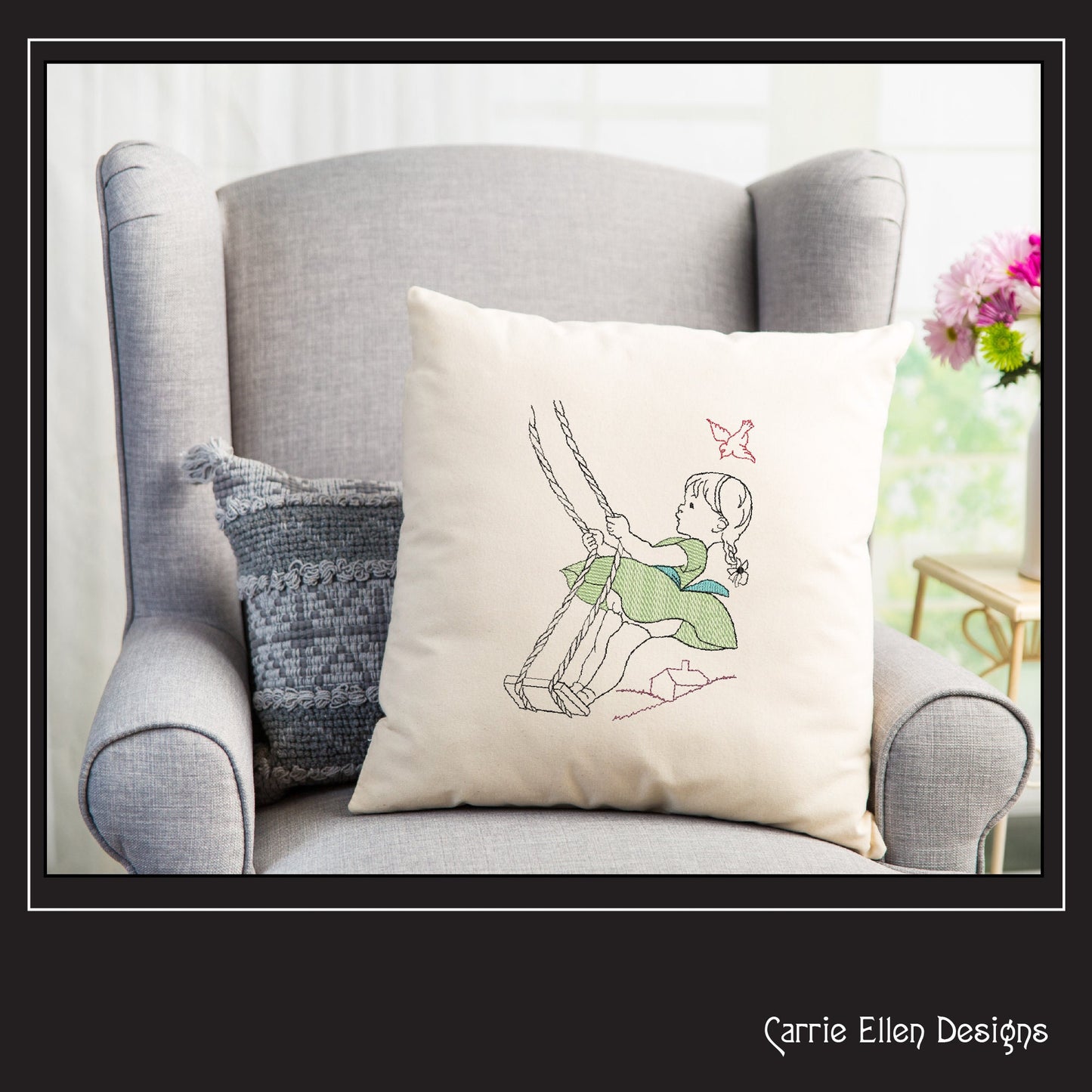 Vintage Girl on Swing Machine Embroidery Design | Artistic Line Art Embroidery | Nostalgic Childhood Pattern | 6 Sizes (1835)