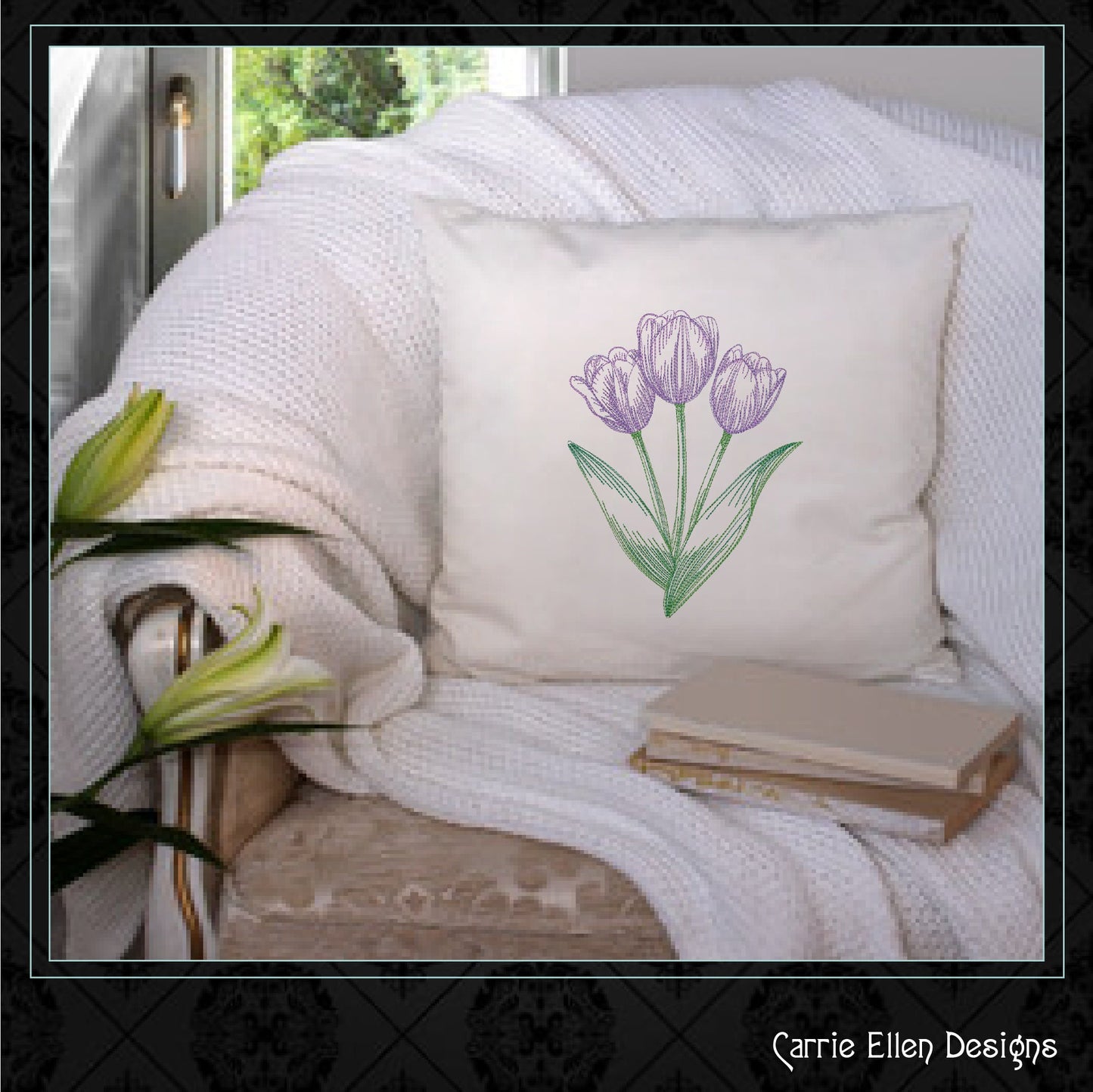 Tulips Embroidery Design | Sketched Floral Tulip Machine Embroidery Pattern | Delicate Flower Bunch in 6 Sizes (1943)