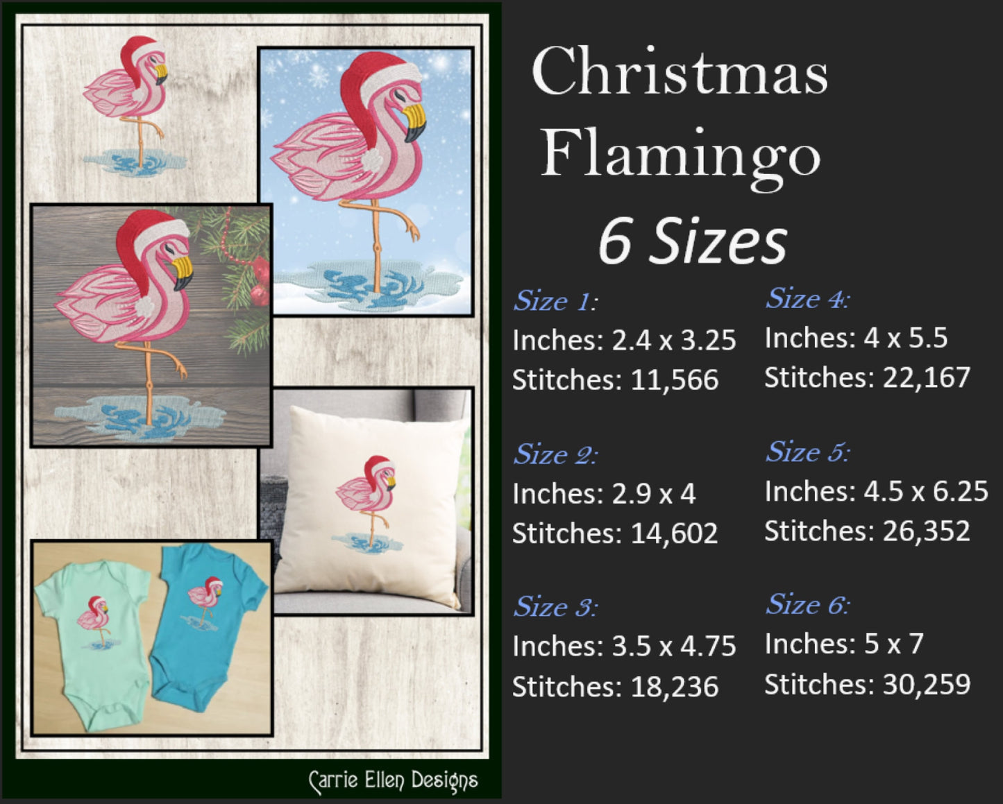Christmas Flamingo Machine Embroidery Design – Festive Bird with Santa Hat, Holiday Embroidery Pattern, 6 Sizes (2123)