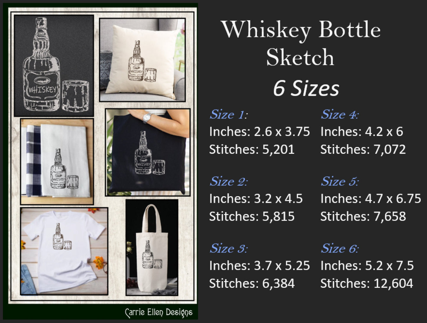 Whiskey Bottle Sketch Machine Embroidery Design, Alcohol Beverage and High Ball Glass Design, Line Art Embroidery, 6 Sizes (2291)