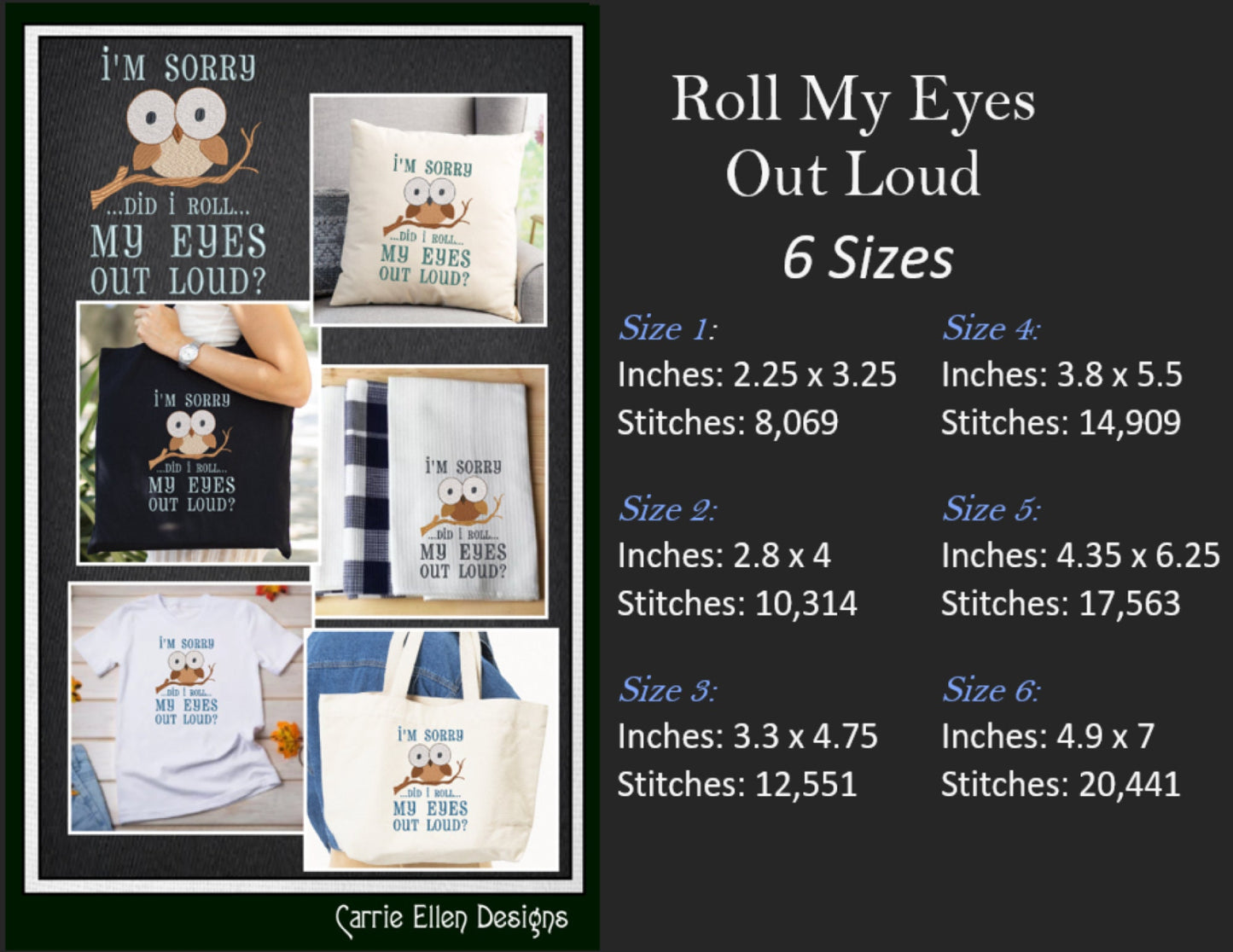 Roll My Eyes Out Loud Machine Embroidery Saying, Owl with Large Eyes Sarcastic Snarky Quote Design, 6 Sizes (2340)