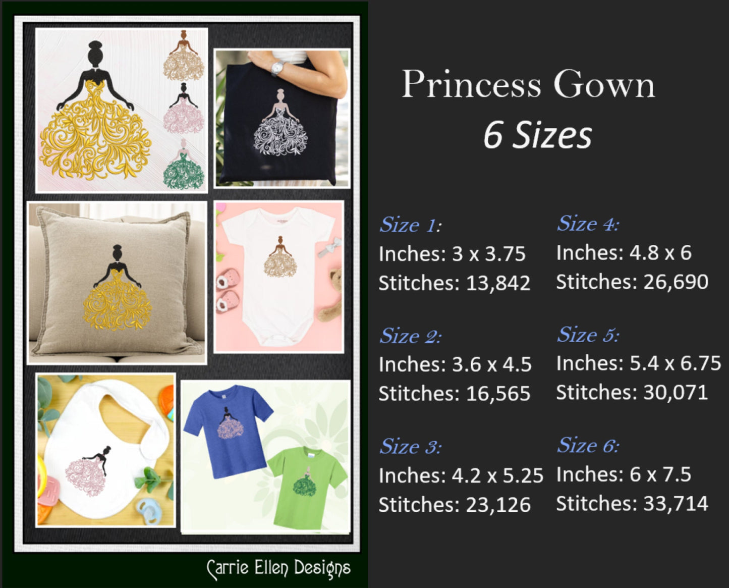 Princess Gown Machine Embroidery Design, Princess Ball Gown Embroidery, Fancy Wedding Dress Design, Formal Party Dress, 6 Sizes (2343)