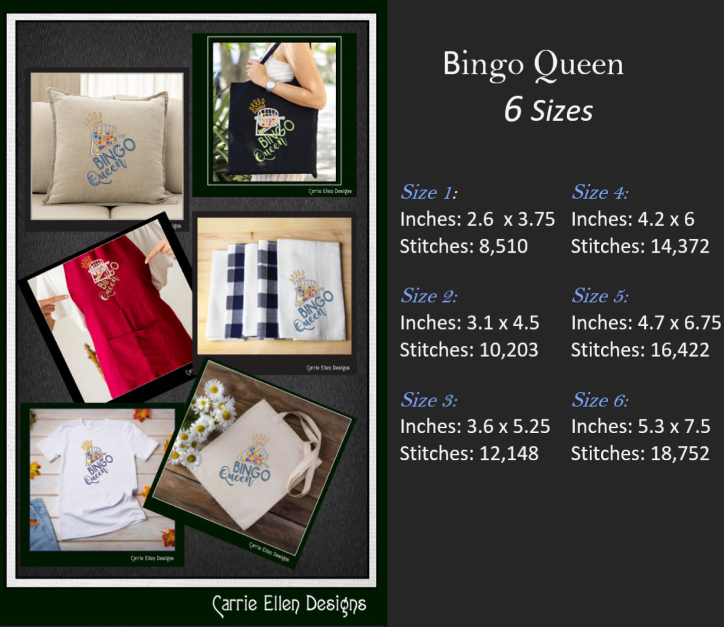 Bingo Queen Embroidery Design, Machine Embroidery Design, Bingo Game, Bingo Cage with Crown, 6 Sizes (2393)