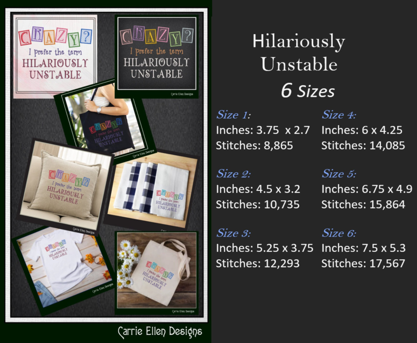 Hilariously Unstable Embroidered Saying, Machine Embroidery Design, Crazy Sarcastic Quotes, 6 Sizes (2395)