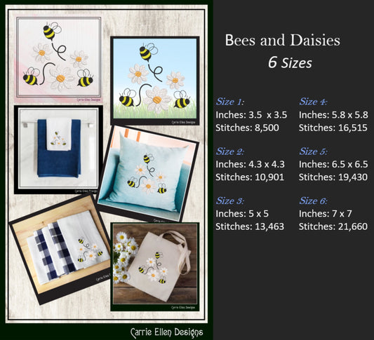 Bumble Bees and Daisies Machine Embroidery Design. Garden Flowers Embroidery Patterns, 6 Sizes (2418)