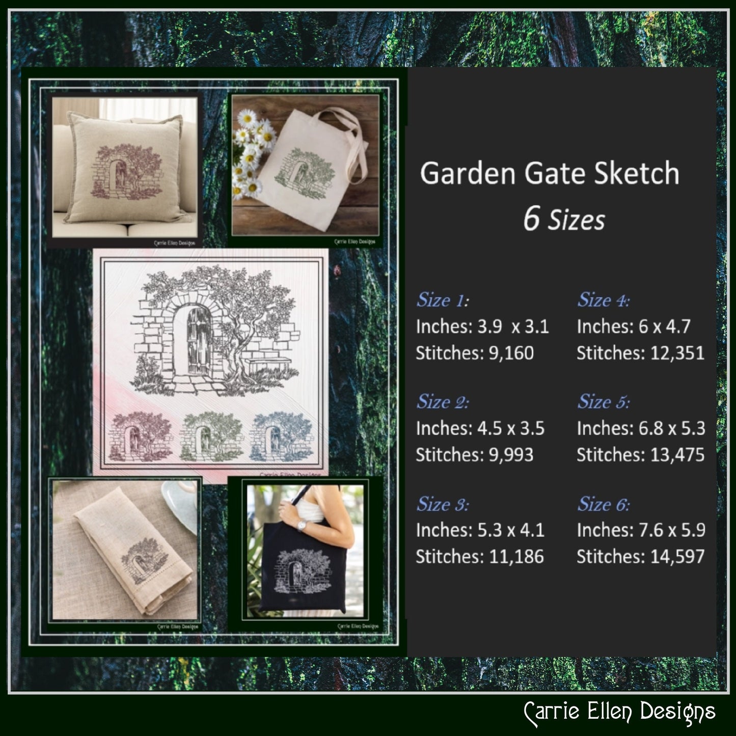 Garden Gate Machine Embroidery Design, Sketch Machine Embroidery Design, Artistic Patio Stone Bench Design, 6 Sizes (2550)