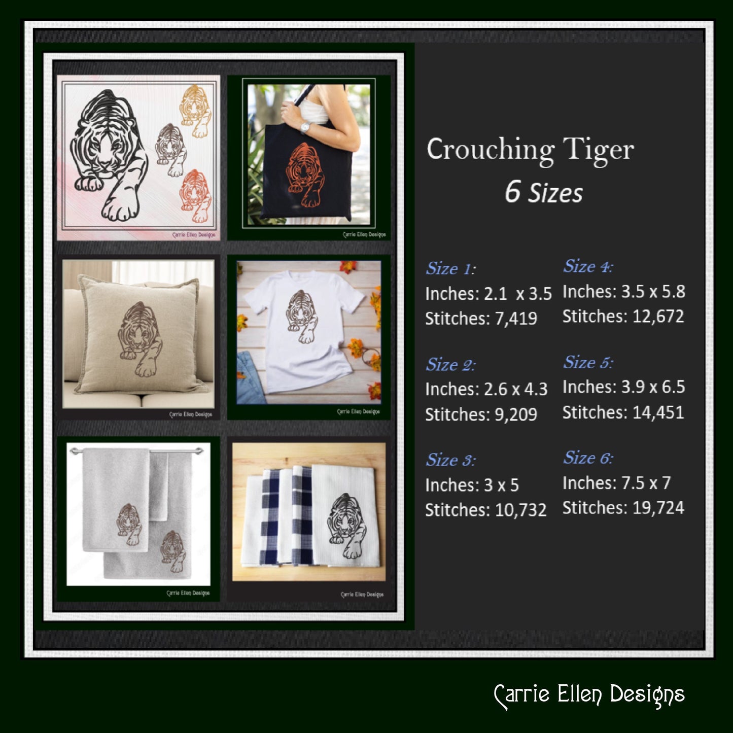 Tiger Machine Embroidery Design, Animal Embroidery, Crouching Artistic Jungle Cat Embroidery Design, Wild Cat Embroidery Design, 6 Sizes (2542)
