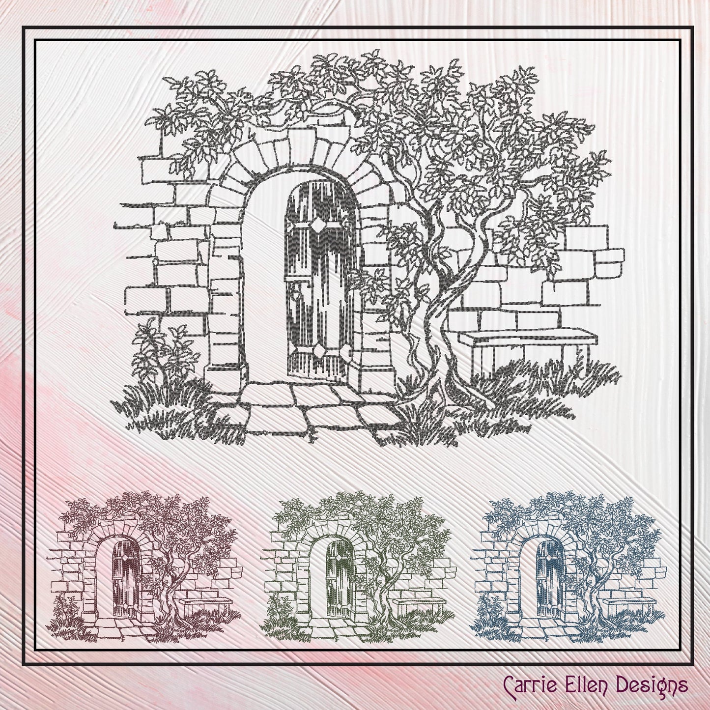 Garden Gate Machine Embroidery Design, Sketch Machine Embroidery Design, Artistic Patio Stone Bench Design, 6 Sizes (2550)