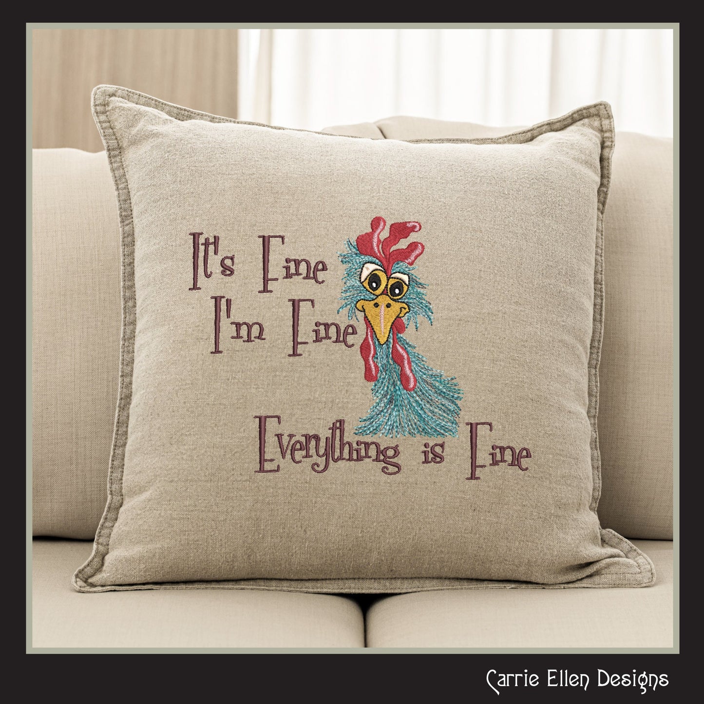 Chicken Machine Embroidery Design, I’m Fine Chicken Design Saying, Funny Sarcastic Crazy Farm Bird, 6 Sizes (2568)