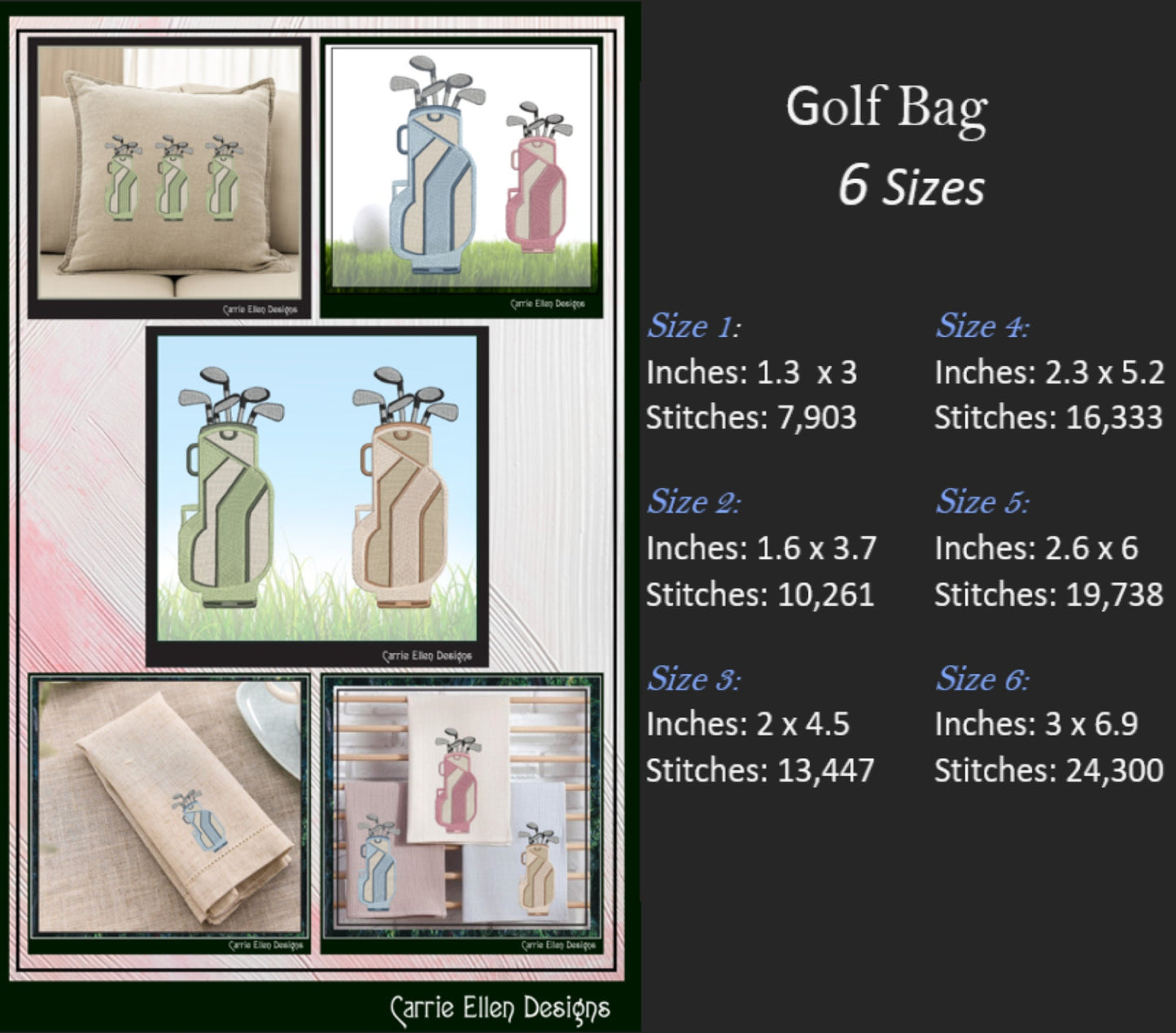 Golf Bag Machine Embroidery Design – Sporty Stitch Pattern for Golf Lovers | Golf Life Embroidery, 6 Sizes (0105)