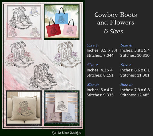 Cowboy Boot Machine Embroidery Sketch Design, Western Floral Boot Design, Southern Charm Embroidery, 6 Sizes (2731)