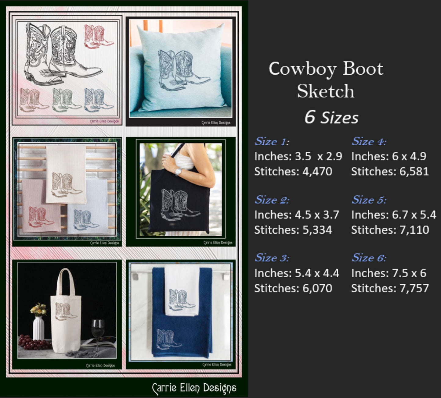 Cowboy Boot Machine Embroidery Sketch Design, Wild West Boot Design, Southern Charm Embroidery, 6 Sizes (2739)