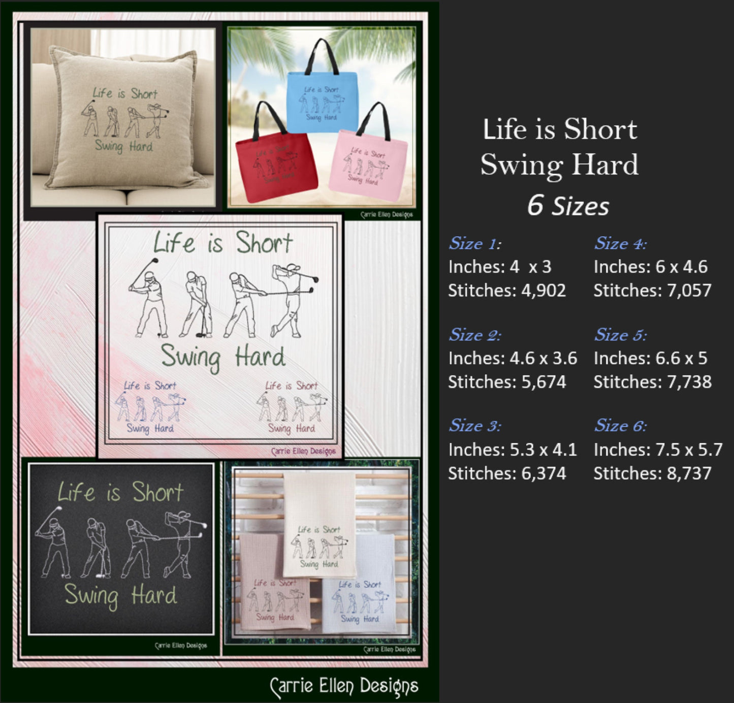 Golf Machine Embroidery Design, Life is Short Swing Hard Embroidery Pattern, Sport Line Art, Golf Lover Gift, 6 Sizes (2717)