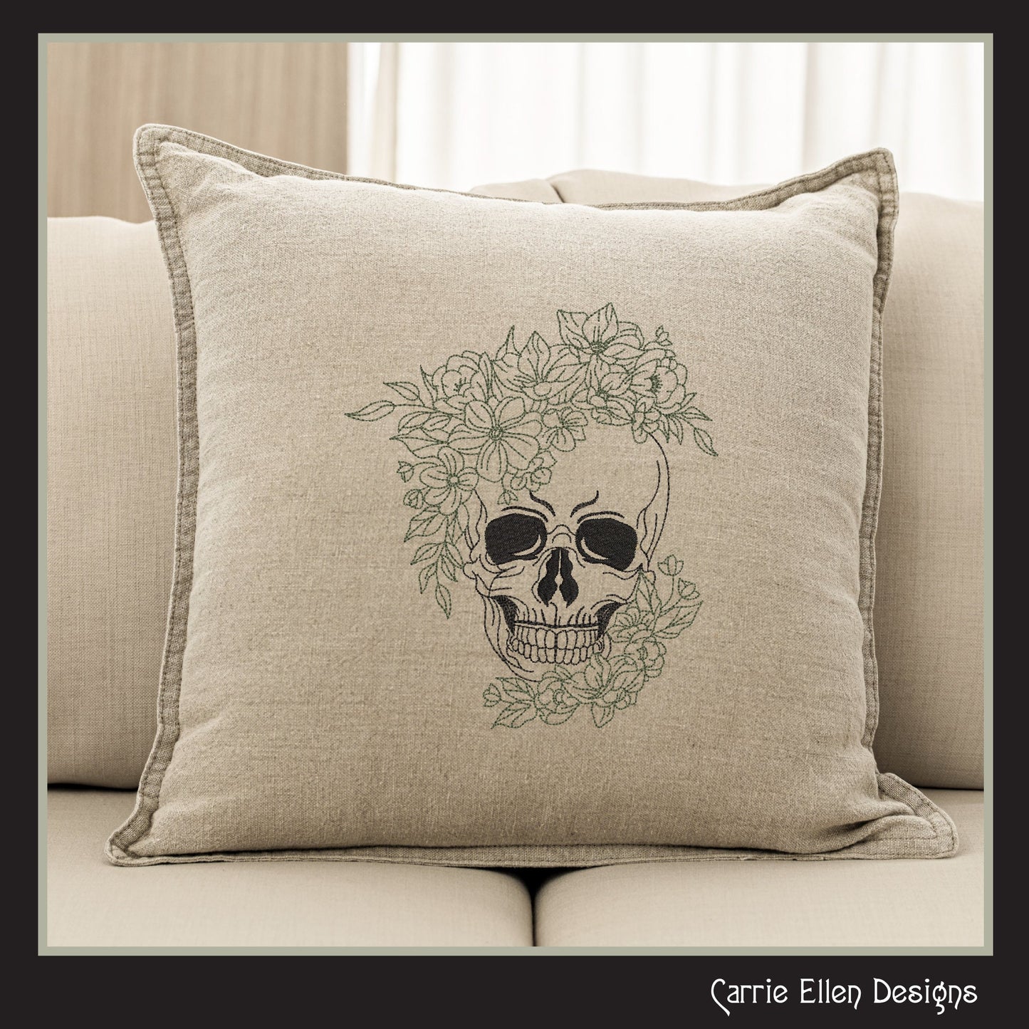 Floral Skull Embroidery Sketch Design, Leaves Wreath Skeleton Machine Embroidery Design, Halloween Line Art Embroidery, 6 Sizes (2713)