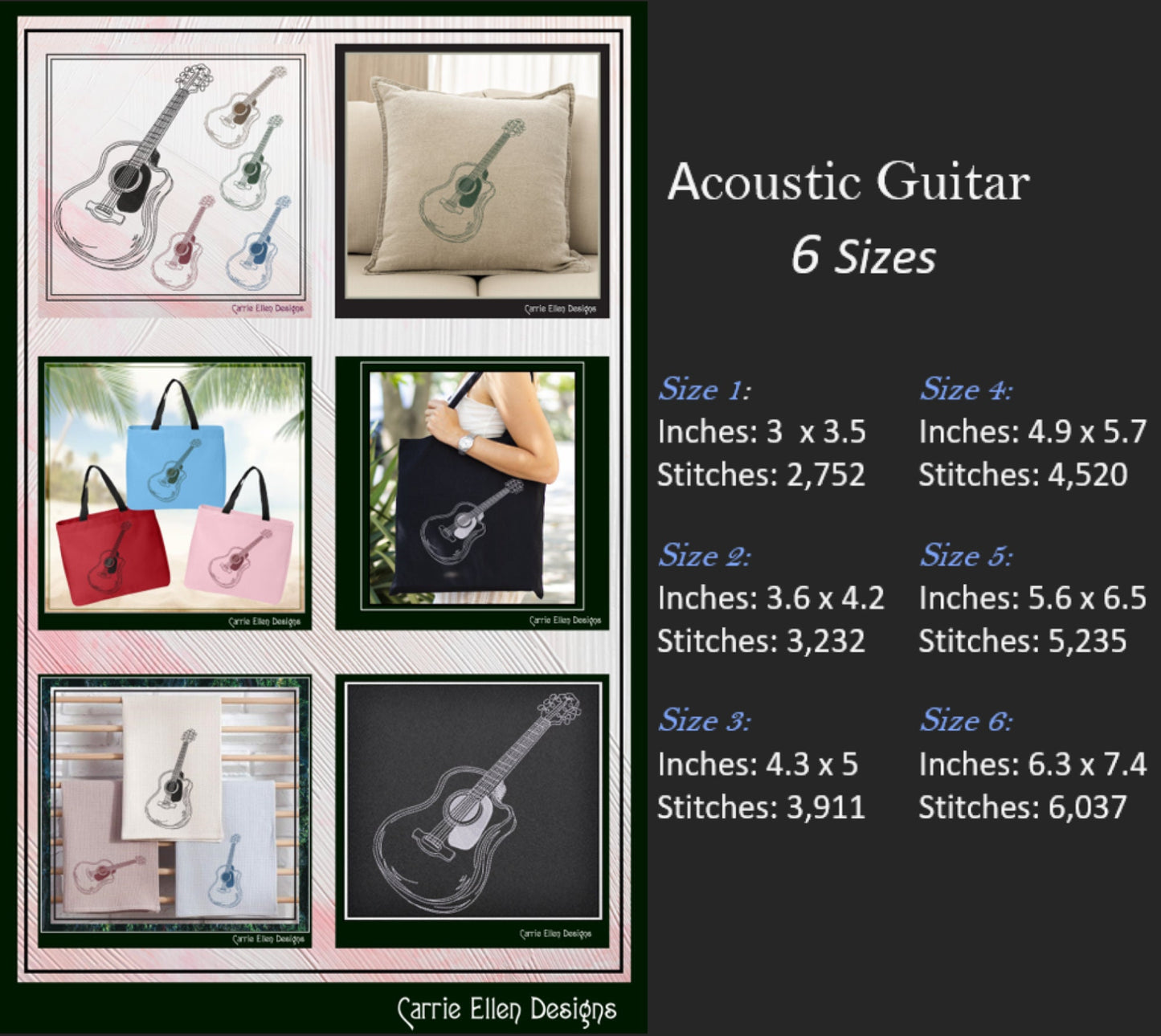 Guitar Machine Embroidery Design, Acoustic Guitar Line Art, Musical Instrument Outline, 6 Sizes (2733)