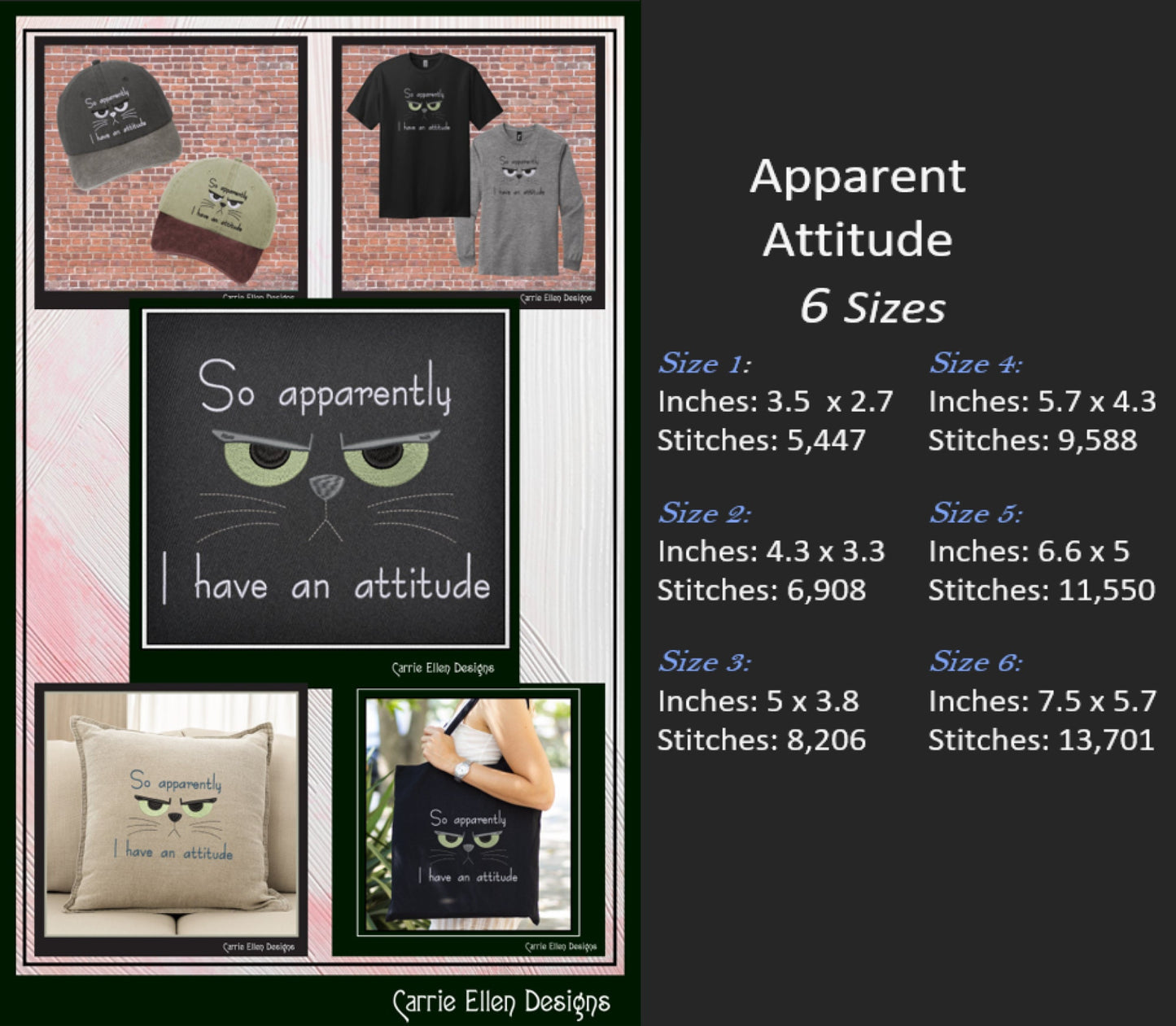 Snarky Cat Saying Machine Embroidery Design, Apparently I have an Attitude Quote, Sassy Cat Lover Design, 6 Sizes (2721)