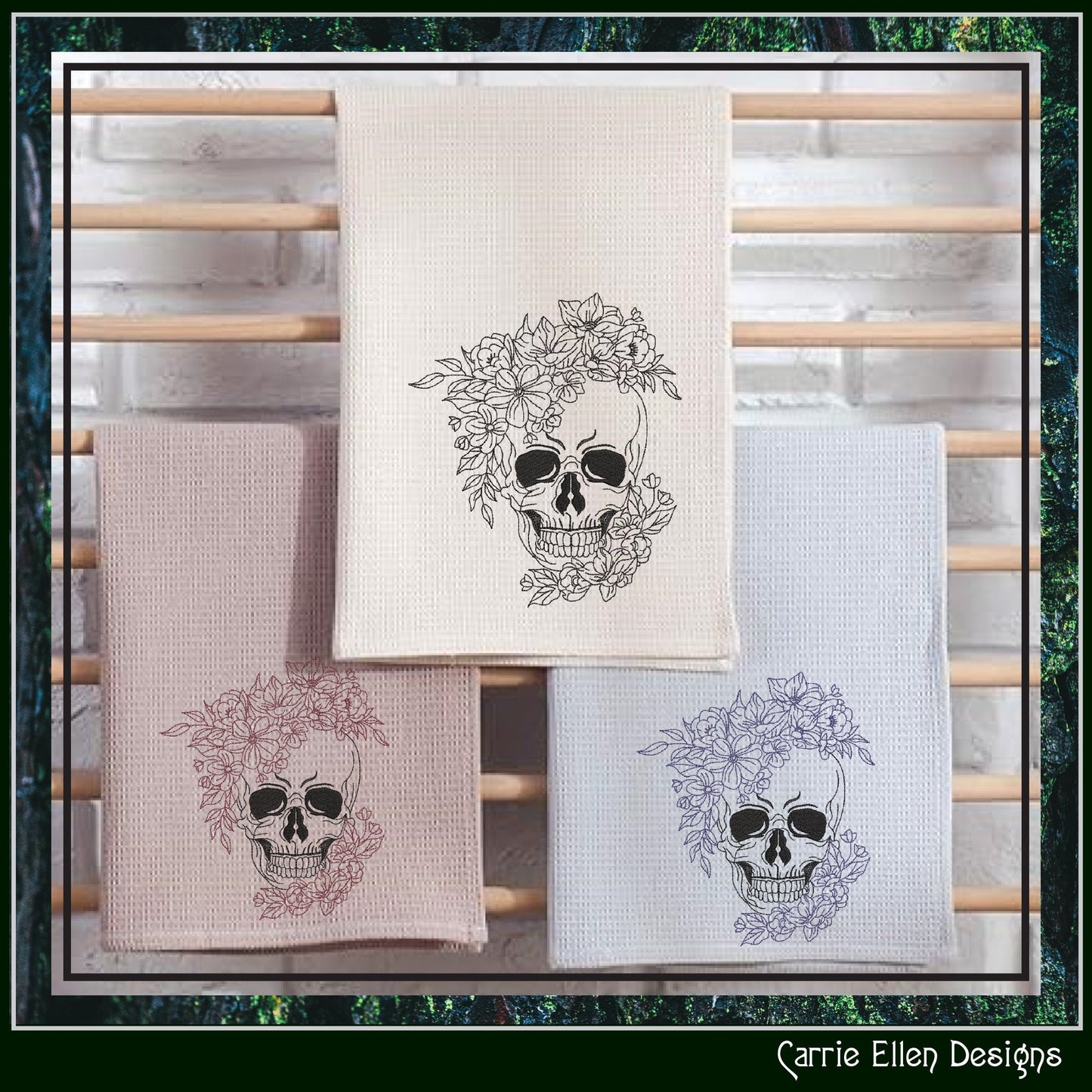 Floral Skull Embroidery Sketch Design, Leaves Wreath Skeleton Machine Embroidery Design, Halloween Line Art Embroidery, 6 Sizes (2713)