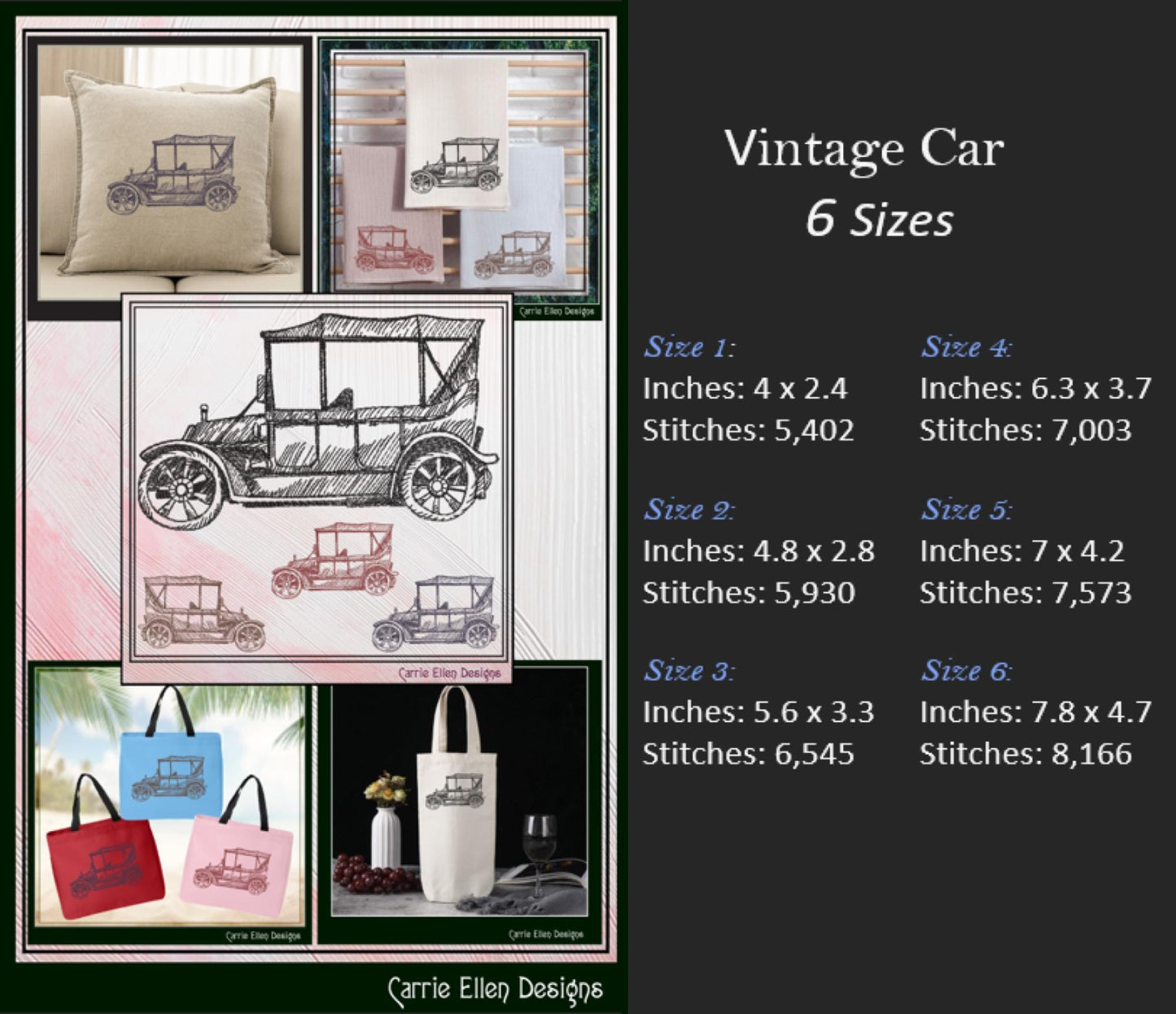 Classic Car Machine Embroidery Design Sketch, Vintage Vehicle Embroidery Pattern, Retro Car Stitch File, 6 Sizes (3012)