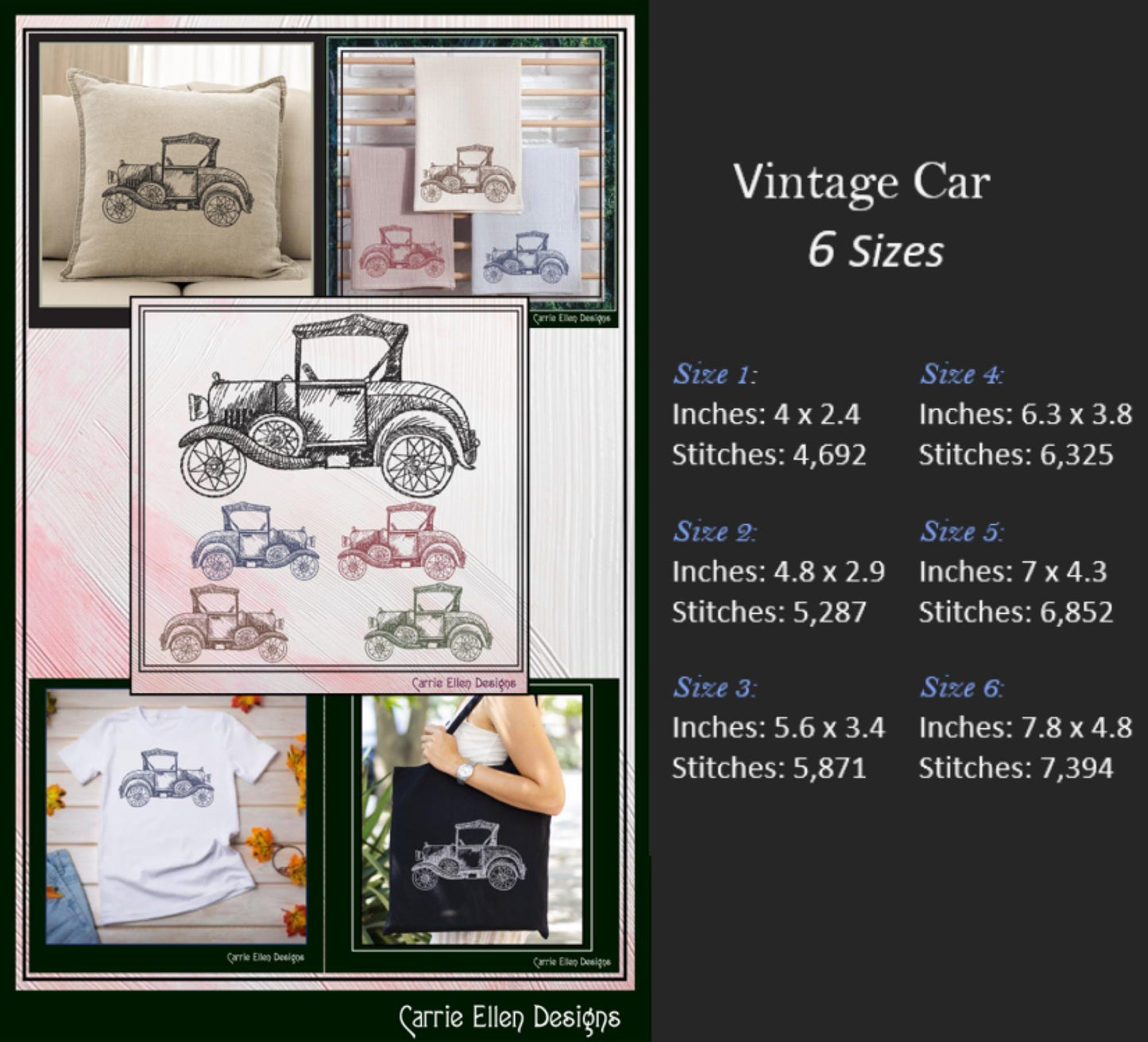 Classic Car Machine Embroidery Design Sketch, Vintage Vehicle Embroidery Pattern, Retro Car Stitch File, 6 Sizes (3011)
