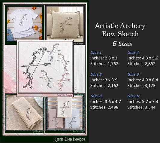 Archery Machine Embroidery Design, Artistic Sketch Pattern, Sport Line Art Embroidery File, 6 Sizes (3016)