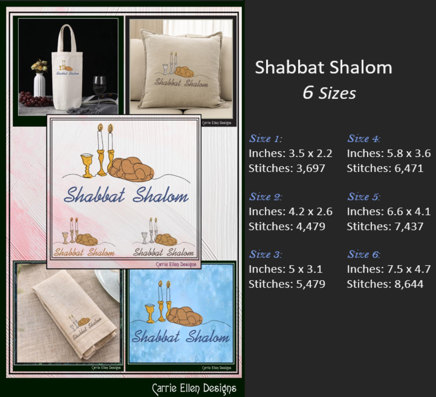 Shabbat Shalom Machine Embroidery Design - Challah Bread & Candlesticks - Jewish Holiday Décor File, 6 Sizes (0640)