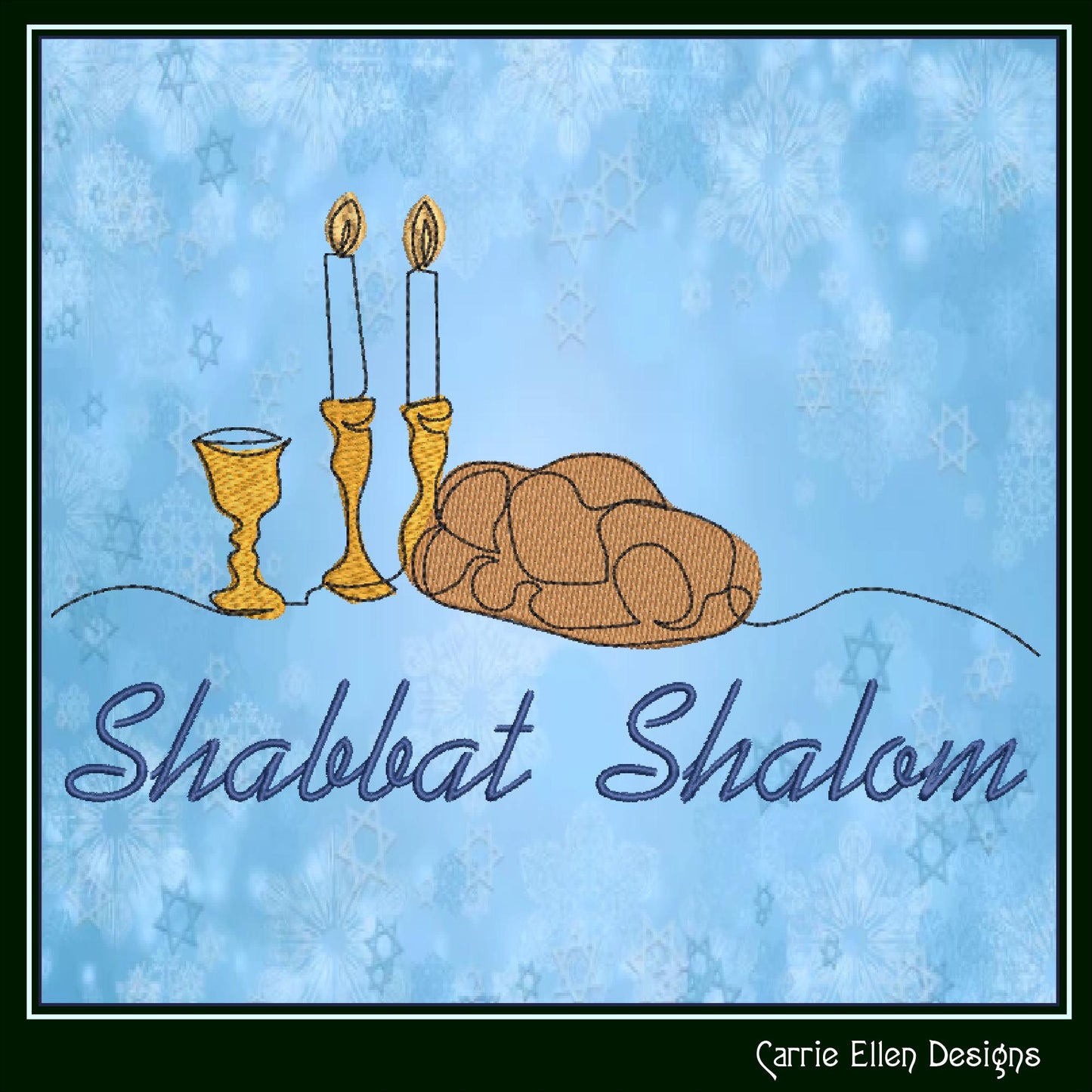 Shabbat Shalom Machine Embroidery Design - Challah Bread & Candlesticks - Jewish Holiday Décor File, 6 Sizes (0640)