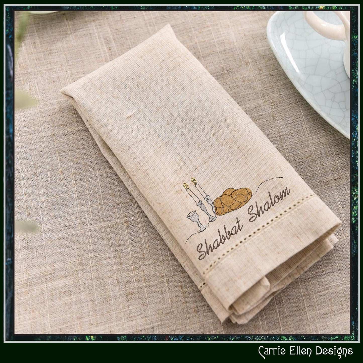 Shabbat Shalom Machine Embroidery Design - Challah Bread & Candlesticks - Jewish Holiday Décor File, 6 Sizes (0640)