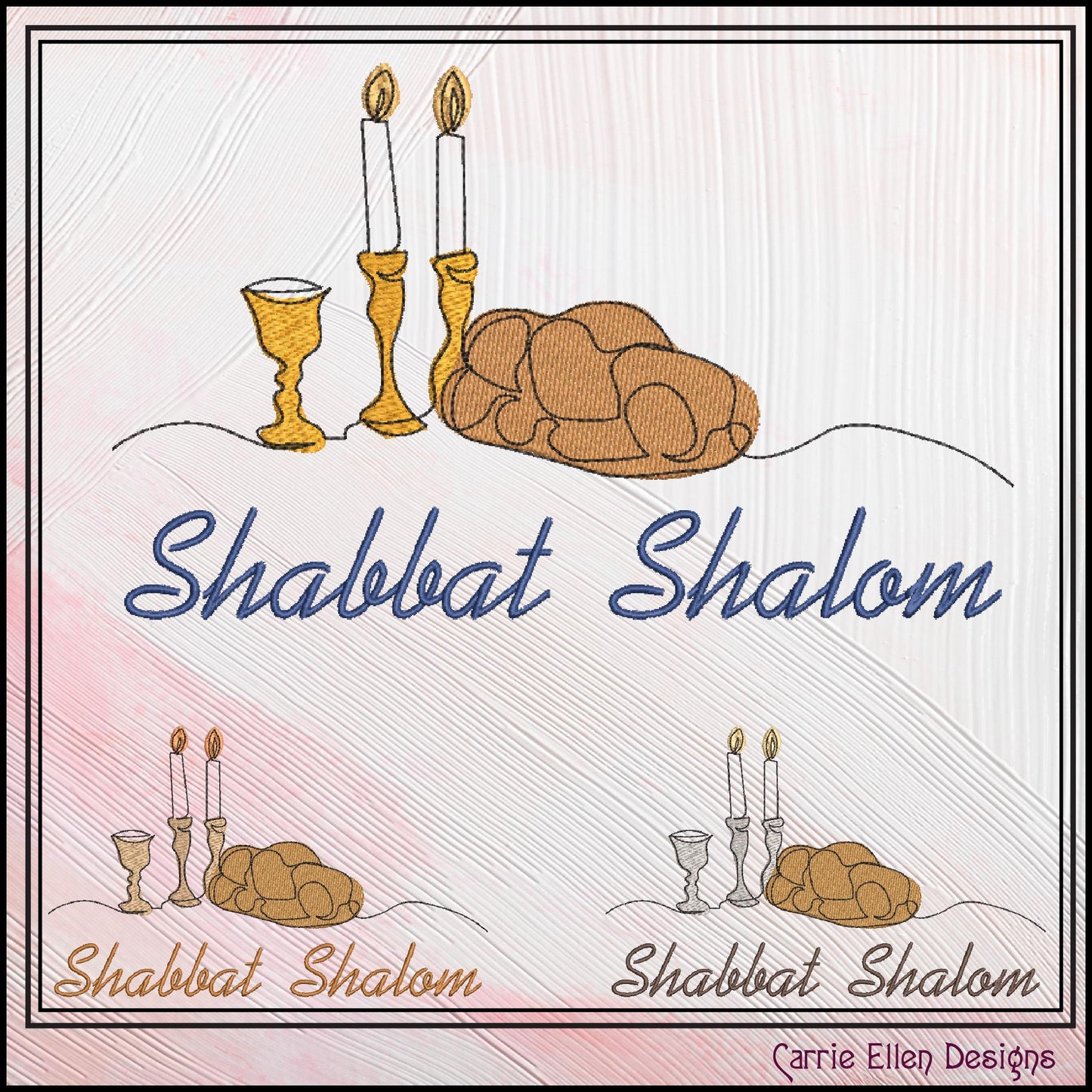 Shabbat Shalom Machine Embroidery Design - Challah Bread & Candlesticks - Jewish Holiday Décor File, 6 Sizes (0640)