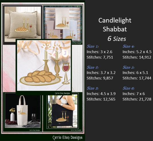 Candlelight Shabbat Machine Embroidery Design, Shabbat Candles Judaism Religious Design, Challah Wine and Candles, 6 Sizes (3069)