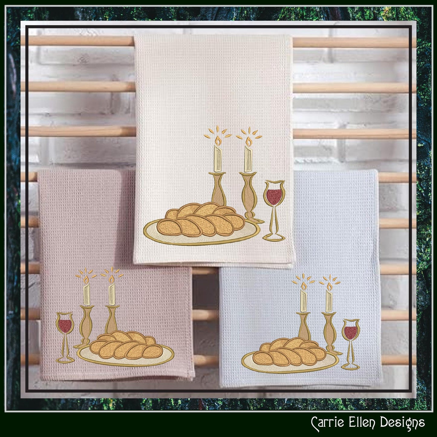 Candlelight Shabbat Machine Embroidery Design, Shabbat Candles Judaism Religious Design, Challah Wine and Candles, 6 Sizes (3069)