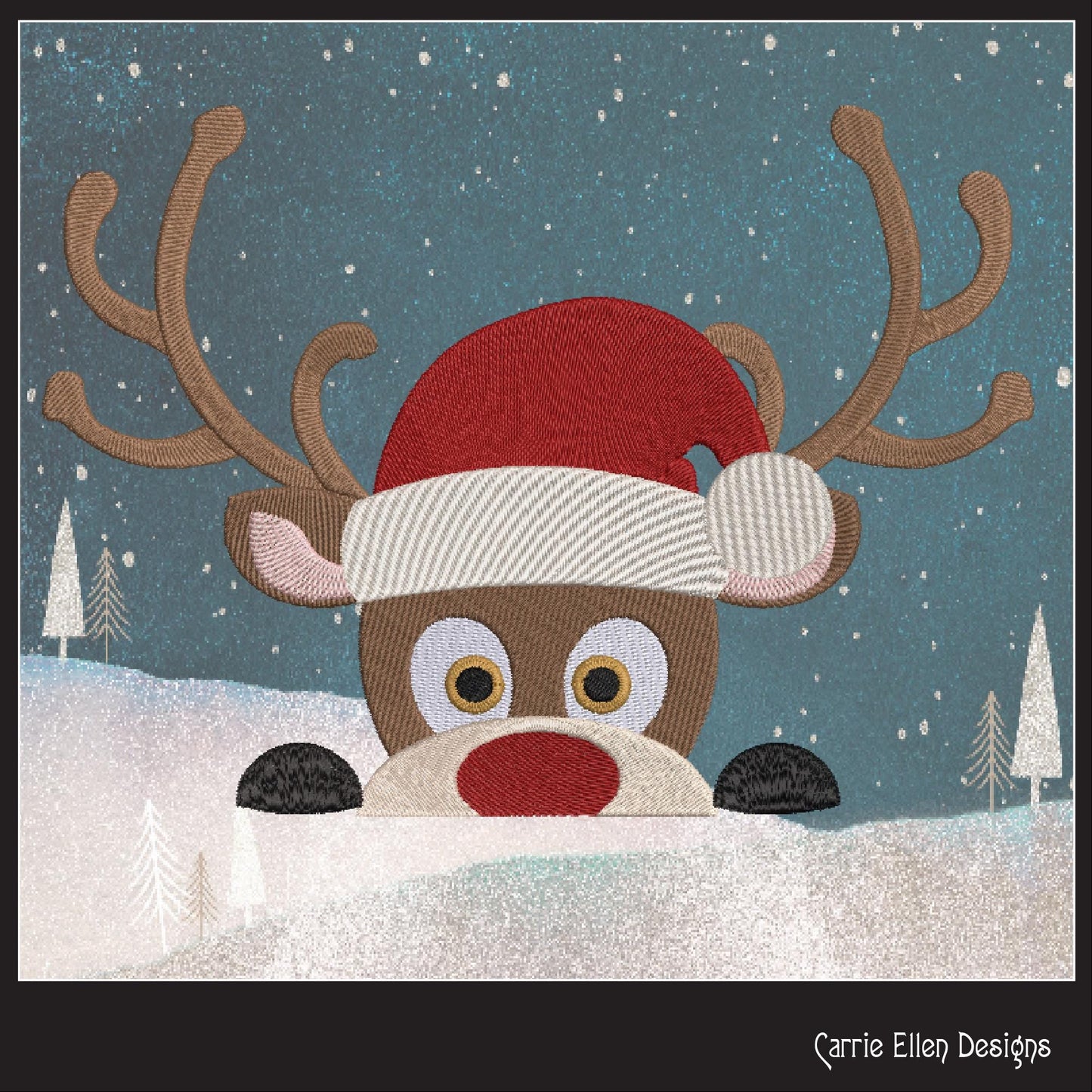 Christmas Machine Embroidery Design, Reindeer in Santa Hat, Peeking Red Nose Rudolf, Holiday Cartoon, 6 Sizes (3073)
