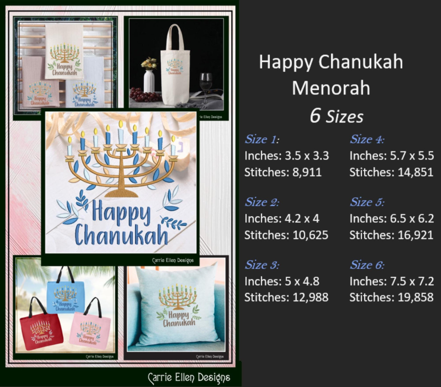 Happy Hanukkah Menorah Machine Embroidery Design | Jewish Holiday Gifts & Décor | Judaica Embroidery Pattern | 6 Sizes (3035)