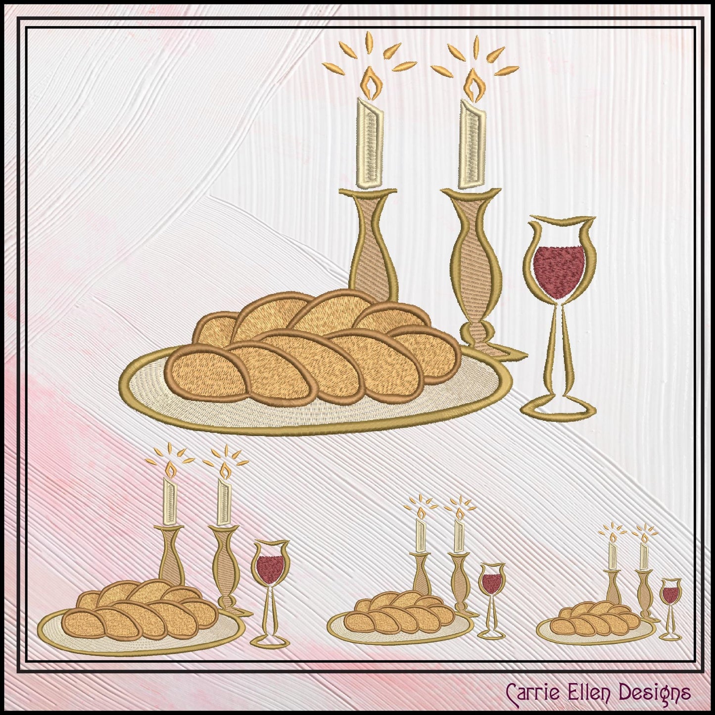 Candlelight Shabbat Machine Embroidery Design, Shabbat Candles Judaism Religious Design, Challah Wine and Candles, 6 Sizes (3069)