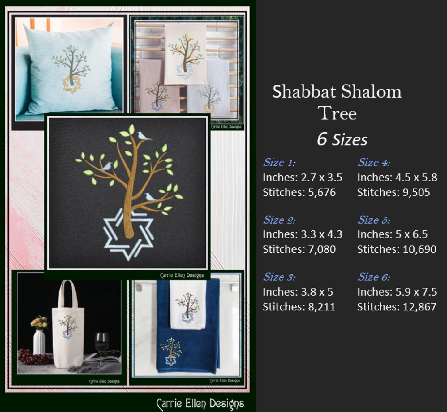 Jewish Holiday Machine Embroidery Design, Shabbat Shalom Tree of Life, Star of David Pattern, Religious Symbolism, 6 Sizes (3070)
