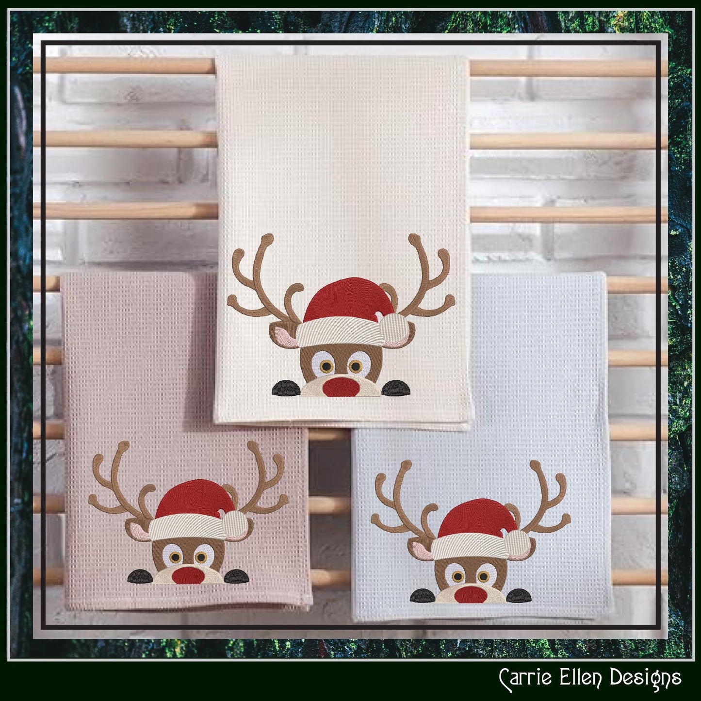 Christmas Machine Embroidery Design, Reindeer in Santa Hat, Peeking Red Nose Rudolf, Holiday Cartoon, 6 Sizes (3073)