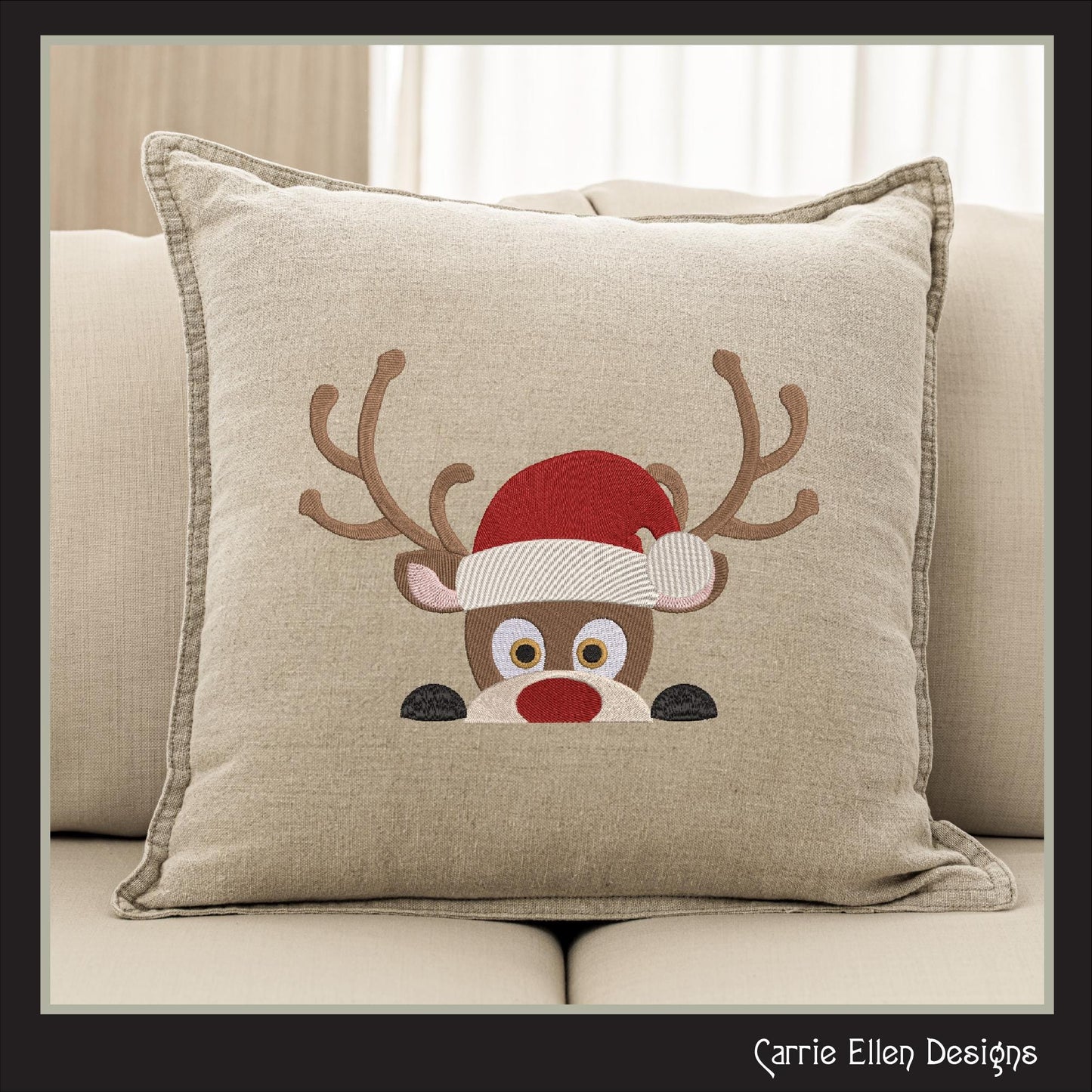 Christmas Machine Embroidery Design, Reindeer in Santa Hat, Peeking Red Nose Rudolf, Holiday Cartoon, 6 Sizes (3073)