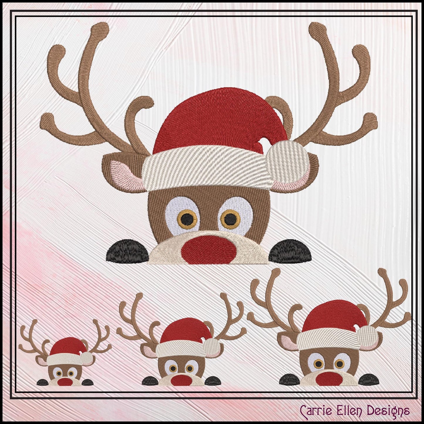 Christmas Machine Embroidery Design, Reindeer in Santa Hat, Peeking Red Nose Rudolf, Holiday Cartoon, 6 Sizes (3073)