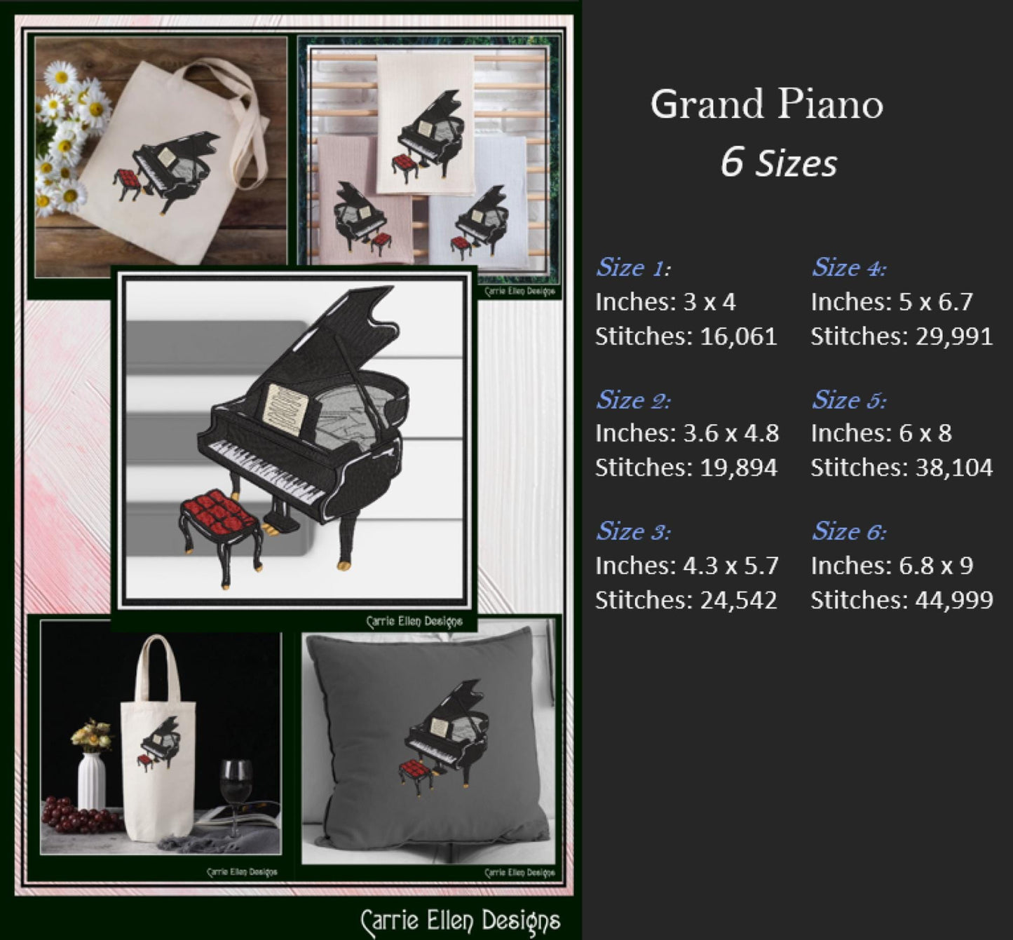 Piano Machine Embroidery Design, Musical Instrument, Baby Grand, Ivory Keyboard, 6 Sizes (3156)