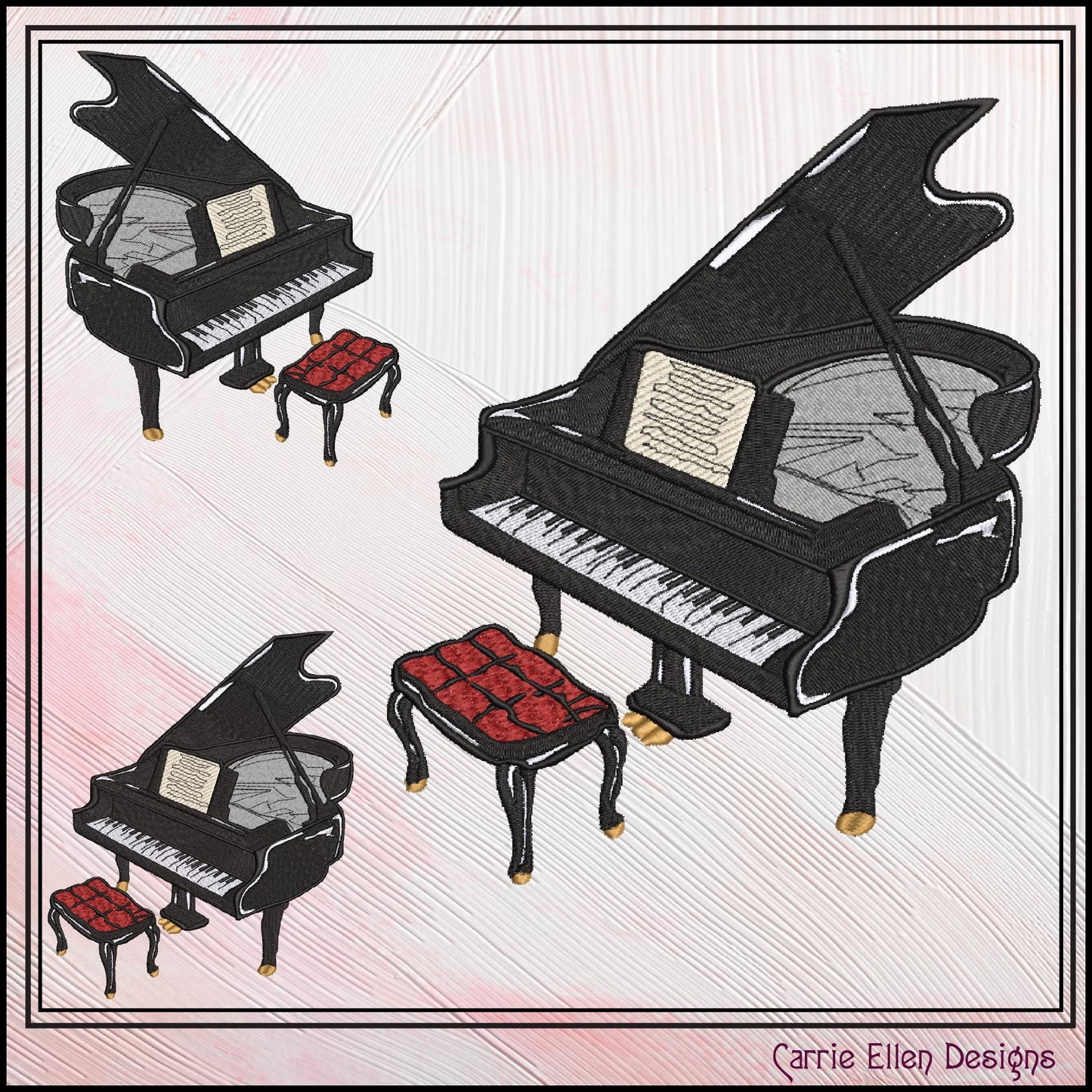 Piano Machine Embroidery Design, Musical Instrument, Baby Grand, Ivory Keyboard, 6 Sizes (3156)