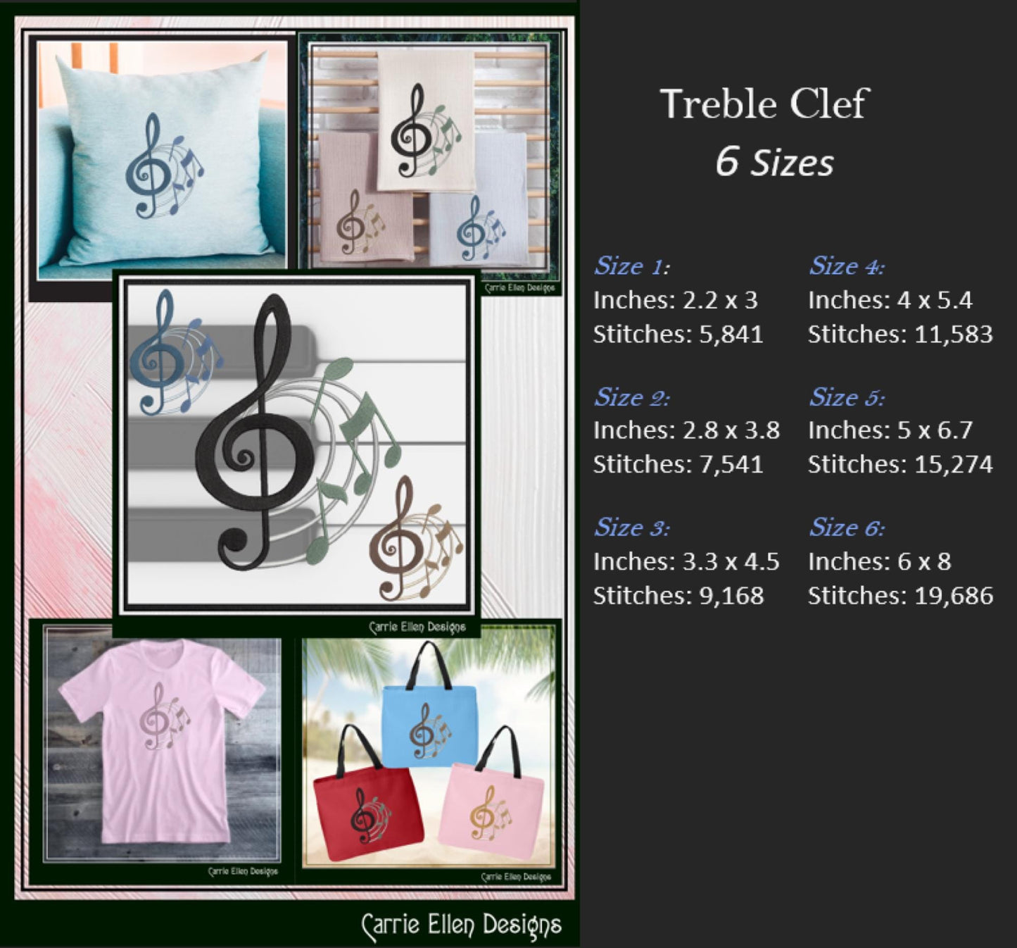 Treble Clef Embroidery Design – Sheet Music Note Symbol – Artistic Flair Pattern – 6 Sizes (3157)